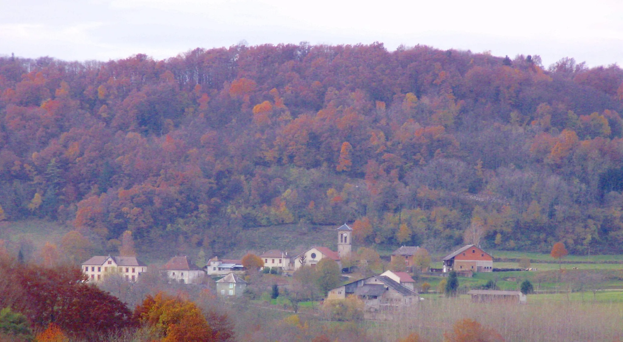 Photo showing: Vue d'une partie du Bourg de Velanne (Isère) avec en arrière plan le Mont Velanne.