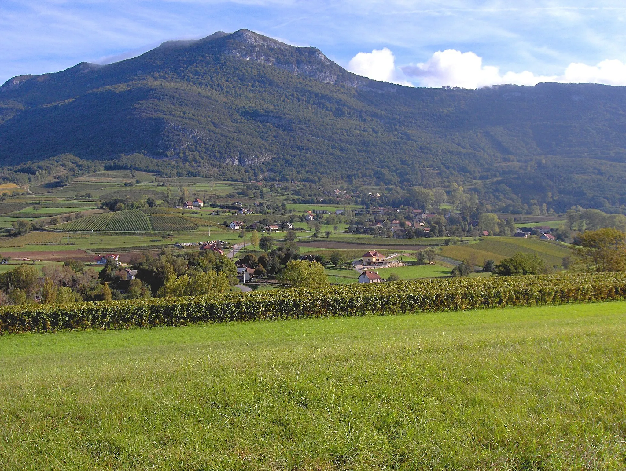 Photo showing: Le village de Billième situé sur les coteaux du mont de la Charvaz, dont on aperçoit les cîmes à l'arrière-plan à gauche.