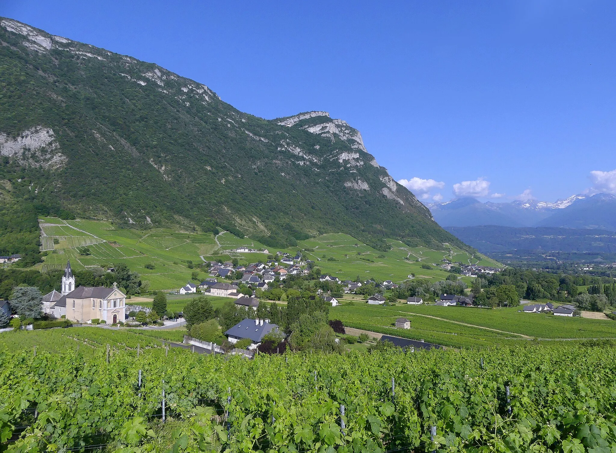 Photo showing: Panoramic sight, in the evening, of Chignin territory and its church, main village and vineyards, at the foot of Bauges mountain range, in Savoie, France.
