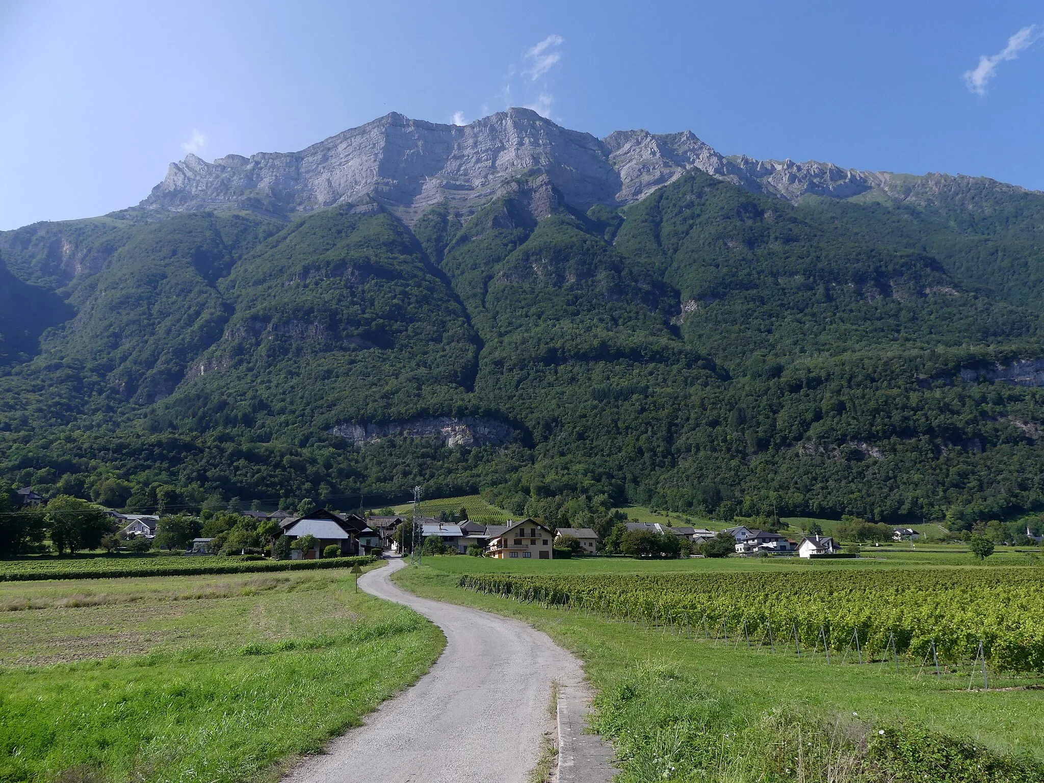 Photo showing: Sight of Chemin de la Bialle road leading to Le Villard hamlet, at the foot of Bauges mountain range, in Savoie, France.