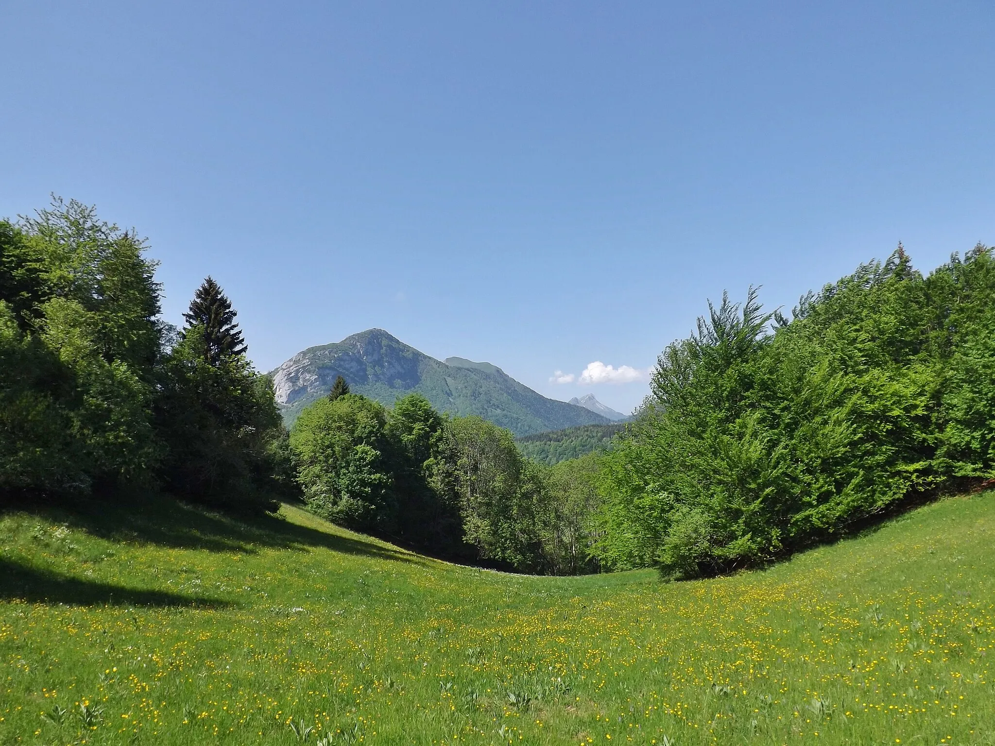 Photo showing: Panoramic landscape of the Bauges mountain range, on the French commune of La Thuile, near Chambéry in Savoie.