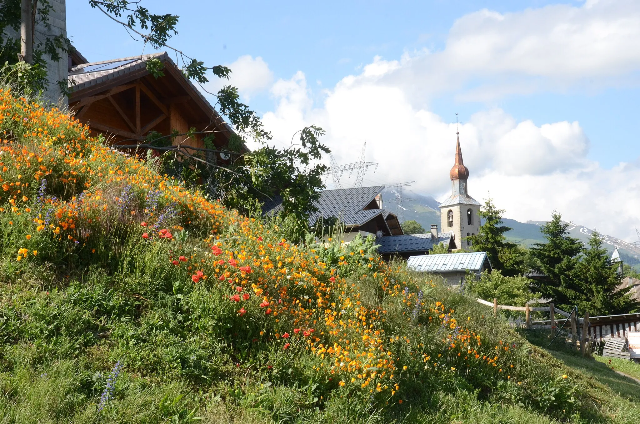 Photo showing: Colourfull flowers at the mountain village Les Chapelles with its church