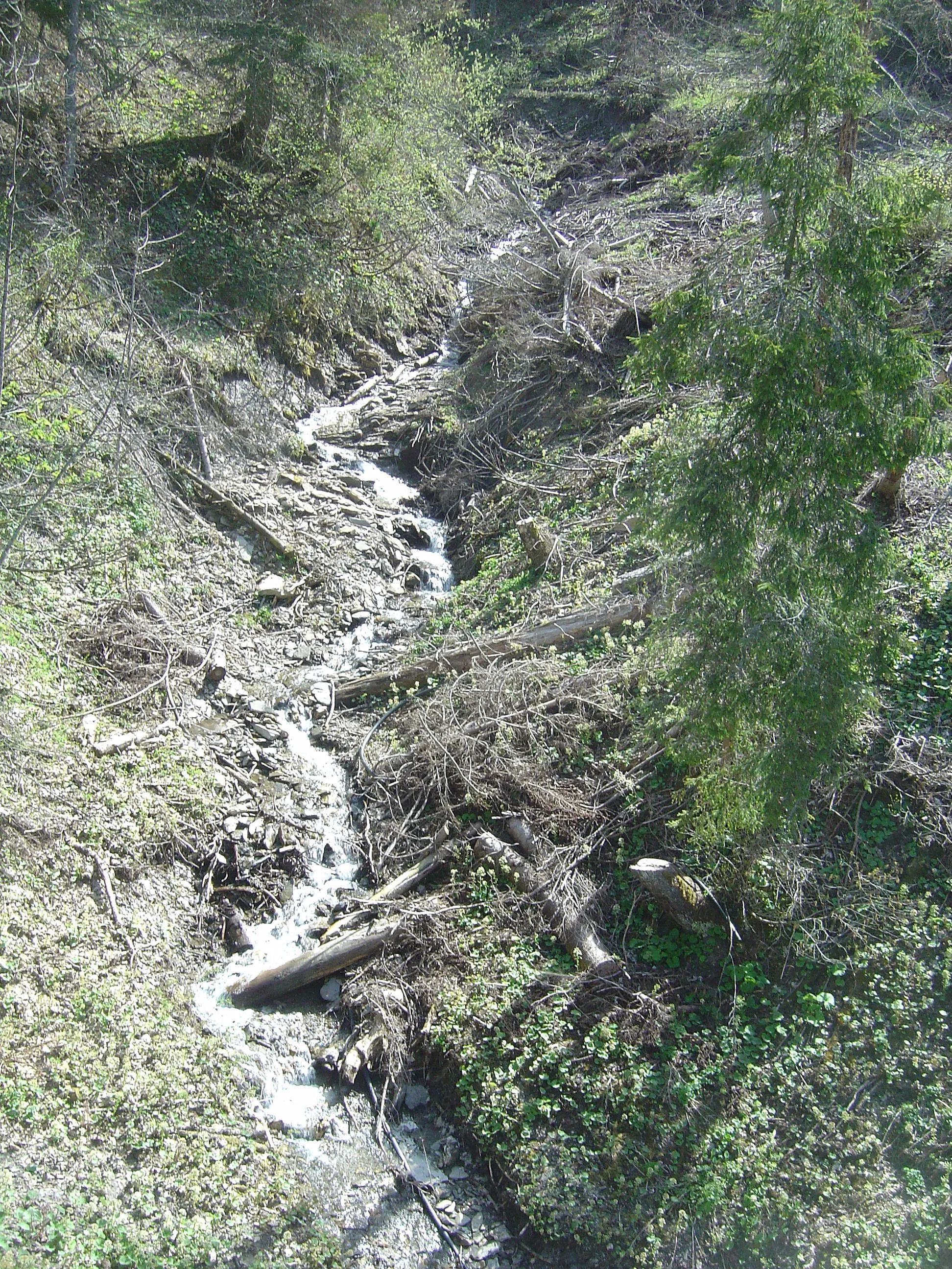 Photo showing: Ascension du col des Saisies par le versant nord au départ de Flumet (73). Cascade descendant dans la forêt de Covetan au km 11,3 de l'ascension