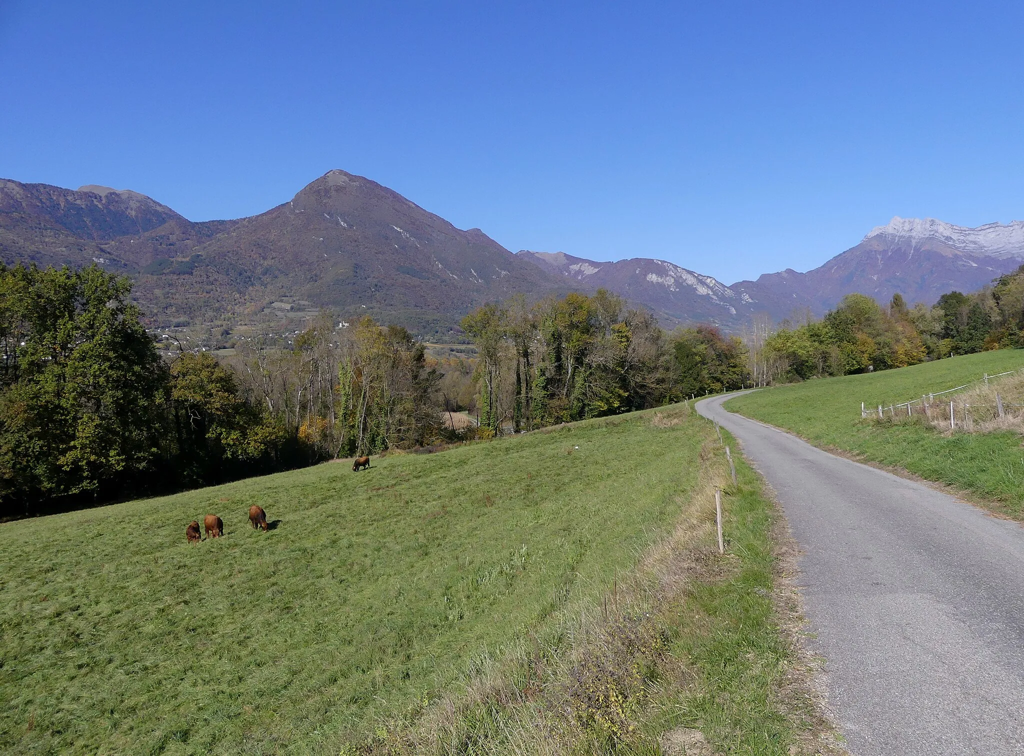 Photo showing: Sight of Chemin du Plattier road leading to Isère river, in Planaise, Savoie, France.