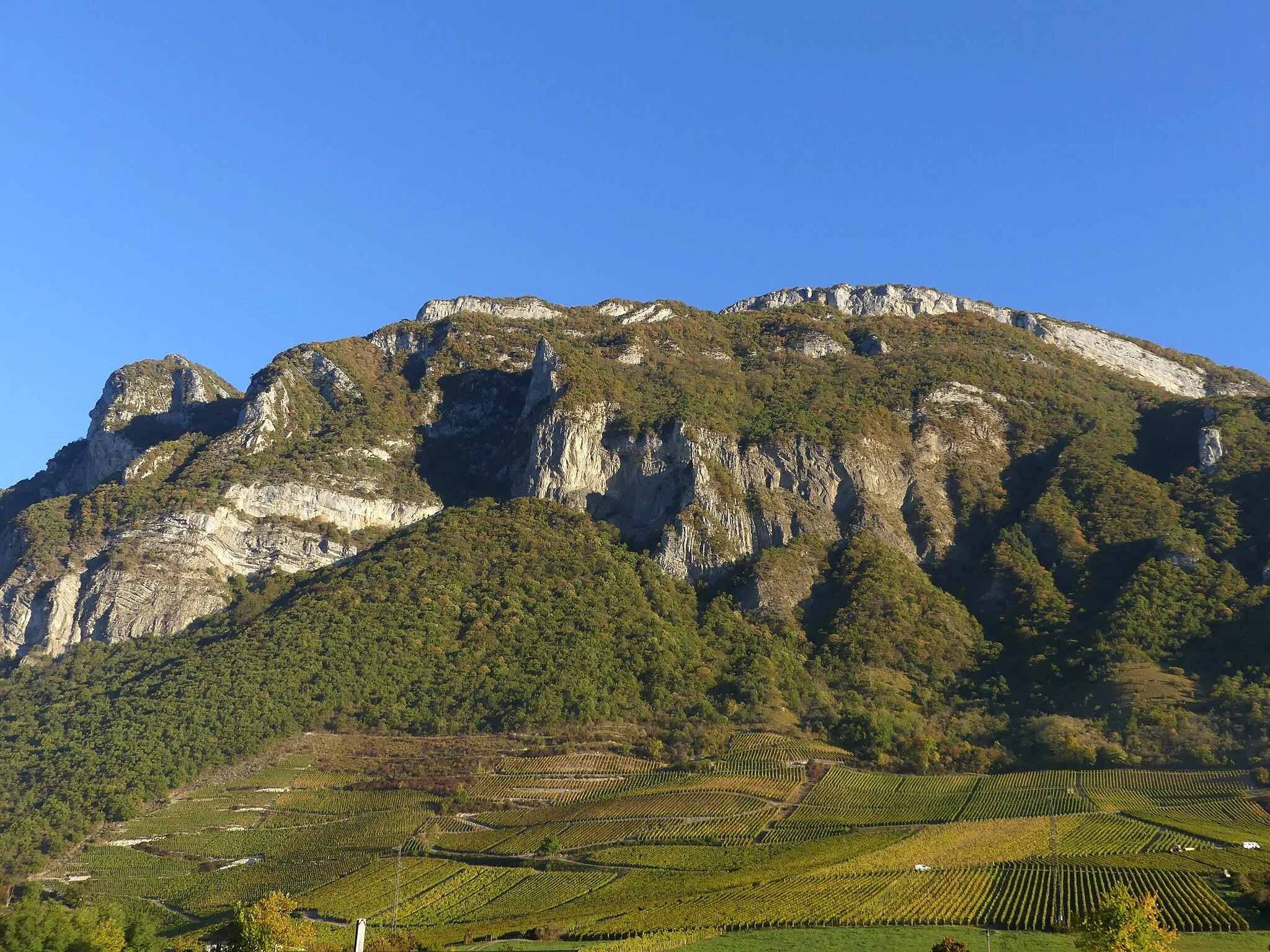 Photo showing: Sight, from Montmélian, of the Roc de Tormery mountain and its vineyards, in autumn at the sunrise, at the South of the Bauges mountain range, in Savoie, France.