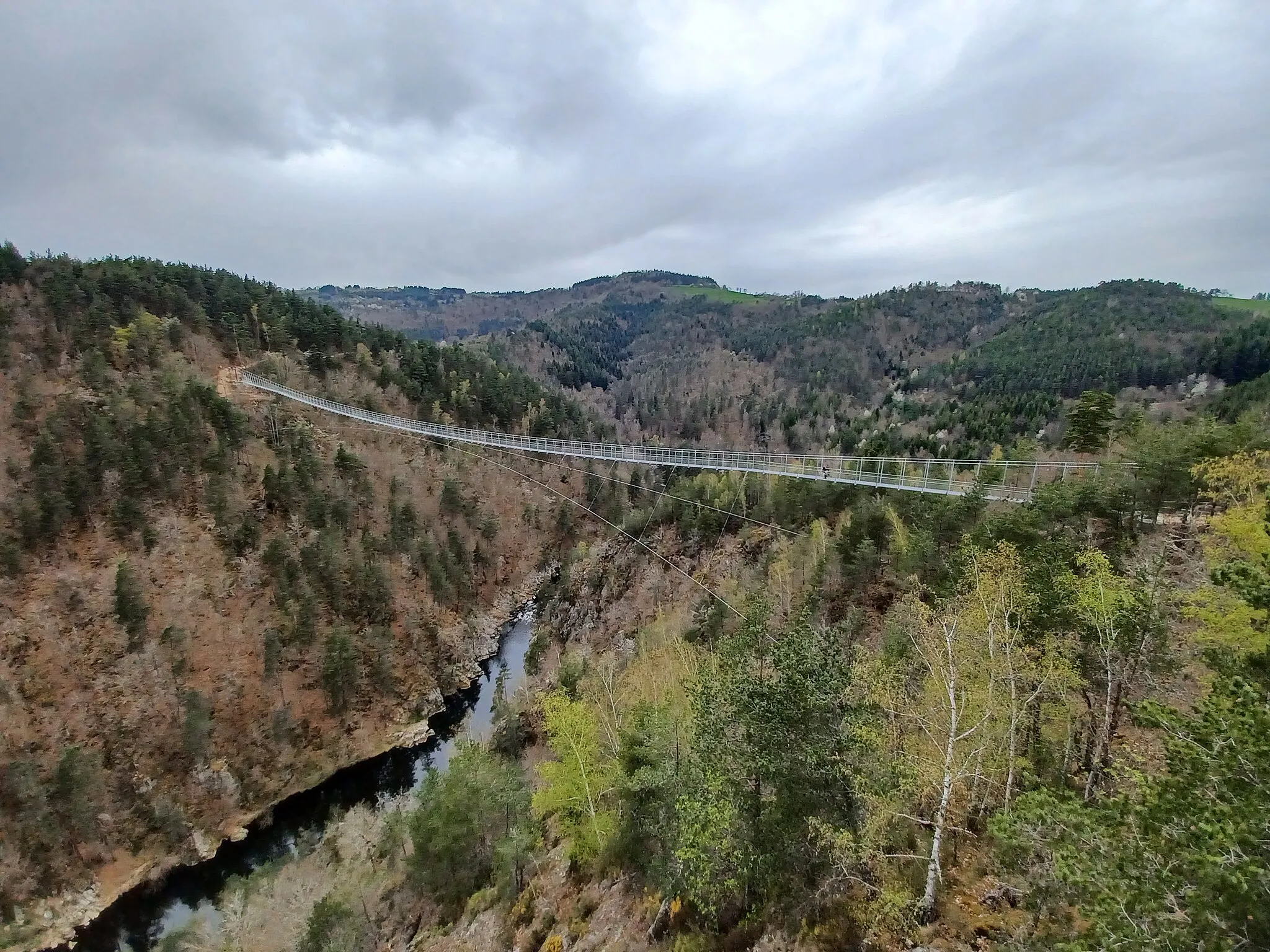 Photo showing: La passerelle himalayenne des gorges du Lignon située en France, dans le département de la Haute-Loire, franchit le Lignon du Velay entre les communes de Saint-Maurice-de-Lignon et Grazac.