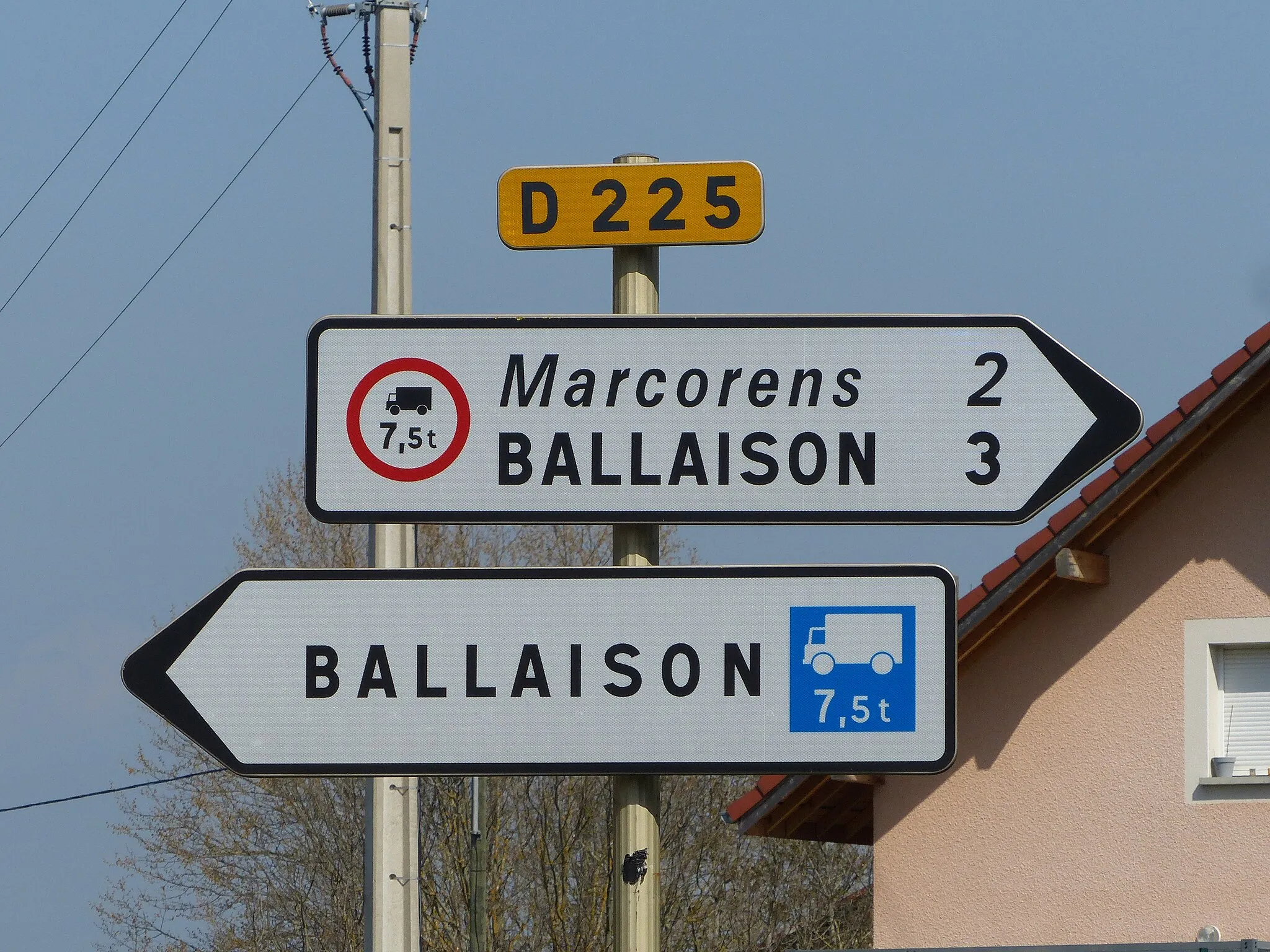 Photo showing: Panneaux D21a et D21b avec idéogrammes SI1b et SC1b, croisement D1206-D225, Tholomaz, Loisin, Haute-Savoie.
