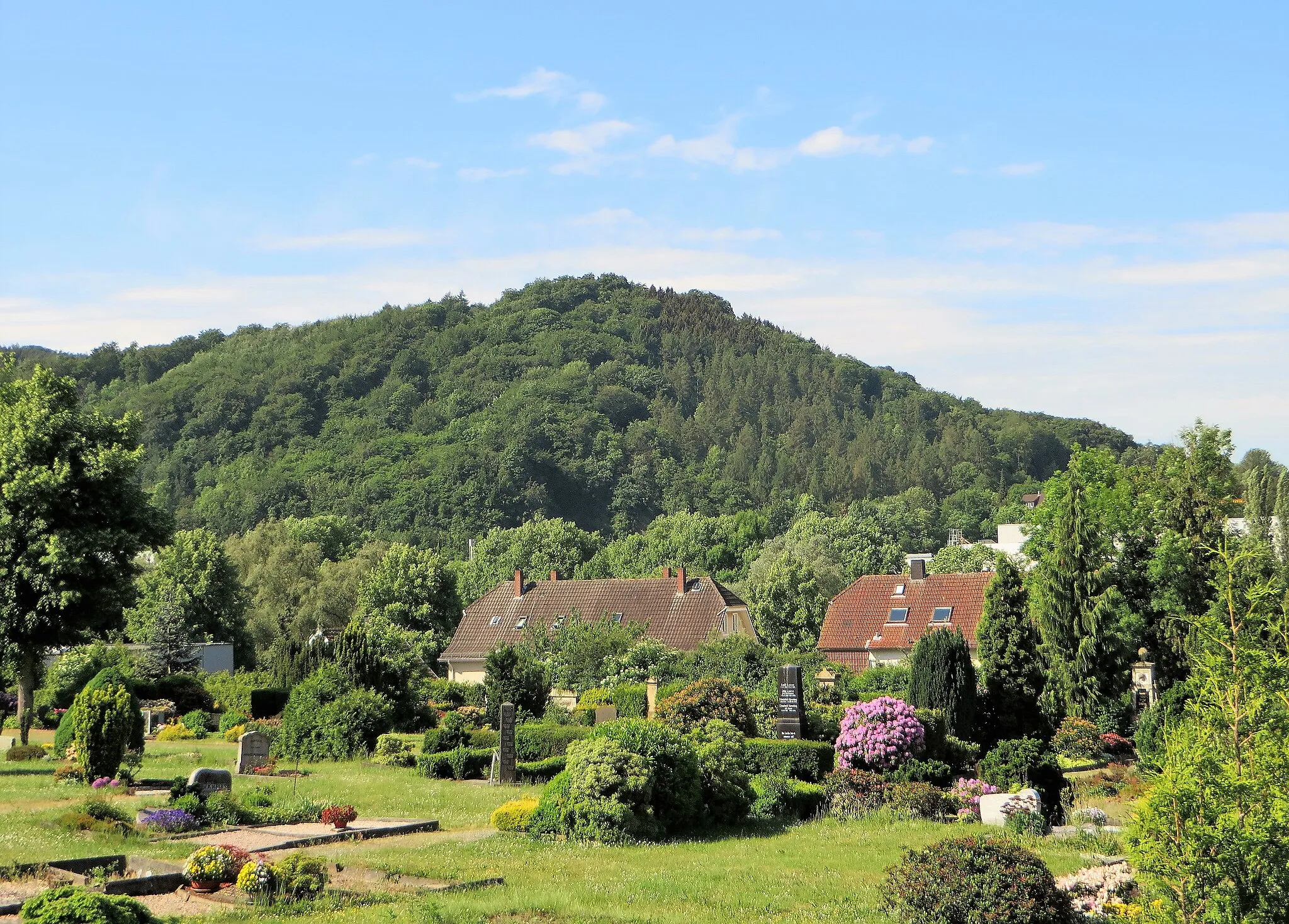 Photo showing: Naturschutzgebiet Raffenberg (NSG HA-018) in Hagen-Hohenlimburg. Blick über den Friedhof Esserstraße auf den Raffenberg (240 m) mit Resten der mittelalterlichen Raffenburg.