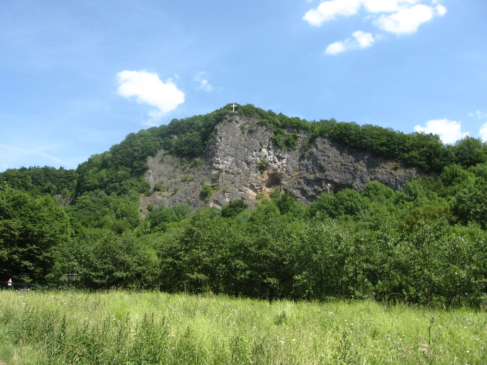 Photo showing: Blick zur Steinbruchwand im Naturschutzgebiet „Hohe Ley“ bei Finnentrop-Heggen