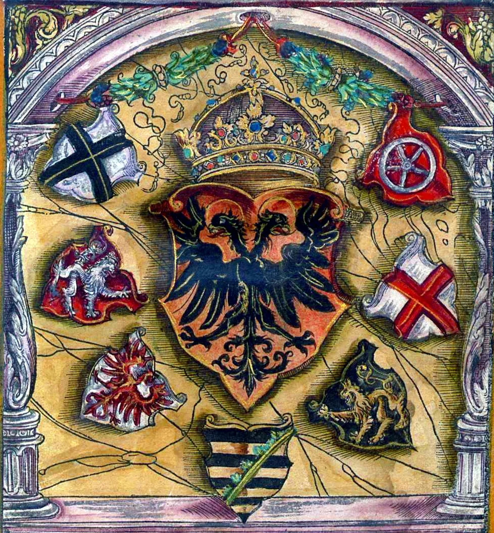 Photo showing: Imperial coat of arms of the Holy Roman Emperor, with the coats of arms of the seven prince-electors: Cologne, Mainz, Trier, Bohemia, Palatinate, Brandenburg, Saxony. Title page of a 1545 armorial printed in Frankfurt. Imperial coat of arms of the Holy Roman Emperor, with the coats of arms of the seven prince-electors: Cologne, Mainz, Trier, Bohemia, Palatinate, Brandenburg, Saxony. The shield at base (Barry of ten sable and or, over all a crown of rue (rautenkranz/crancelin) in bend vert) was that of w:Rudolf I, Duke of Saxe-Wittenberg (c.1284-1356) (Sachsen-Wittenberg), a member of the House of Ascania, was Duke of Saxe-Wittenberg from 1298 until his death. By the Golden Bull of 1356 he was acknowledged as Elector of Saxony and Marshal of the Holy Roman Empire.
Electors in 1308
In 1308 the "Seven Prince Electors" electing  Henry, Count of Luxembourg as Henry VII, Holy Roman Emperor at Frankfurt on 27 November 1308 In 1308 the "Seven Prince Electors" electing  Henry, Count of Luxembourg as Henry VII, Holy Roman Emperor at Frankfurt on 27 November 1308 were (left to right in drawing):

1: w:Heinrich II of Virneburg, Archbishop of Cologne
2: w:Peter of Aspelt (aka Peter von Aspelt/Aichspelt, Peter von Basel, Peter von Mainz) w:Archbishop of Mainz
3: w:Baldwin of Luxembourg (Balduin von Luxemburg) Archbishop-Elector of Trier
4: w:Rudolf I, Duke of Bavaria, called "the Stammerer" (German: Rudolf der Stammler; 4 October 1274 – 12 August 1319), a member of the Wittelsbach dynasty, was Duke of Upper Bavaria and w:Count Palatine of the Rhine.
5: w:Rudolf I, Duke of Saxe-Wittenberg (c.1284-1356) (Sachsen-Wittenberg), a member of the House of Ascania, was Duke of Saxe-Wittenberg from 1298 until his death. By the Golden Bull of 1356 he was acknowledged as Elector of Saxony and Marshal of the Holy Roman Empire.
6: w:Waldemar, Margrave of Brandenburg-Stendal "Waldemar the Great" (c.1280-1319), a member of the House of Ascania, was Margrave of Brandenburg-Stendal from 1308 until his death.
7: King w:Henry of Bohemia "Henry of Gorizia" (c.1265-1335), a member of the House of Gorizia, was Duke of Carinthia and Landgrave of Carniola (as Henry VI) and Count of Tyrol from 1295 until his death, as well as King of Bohemia, Margrave of Moravia and titular King of Poland in 1306 and again from 1307 until 1310.