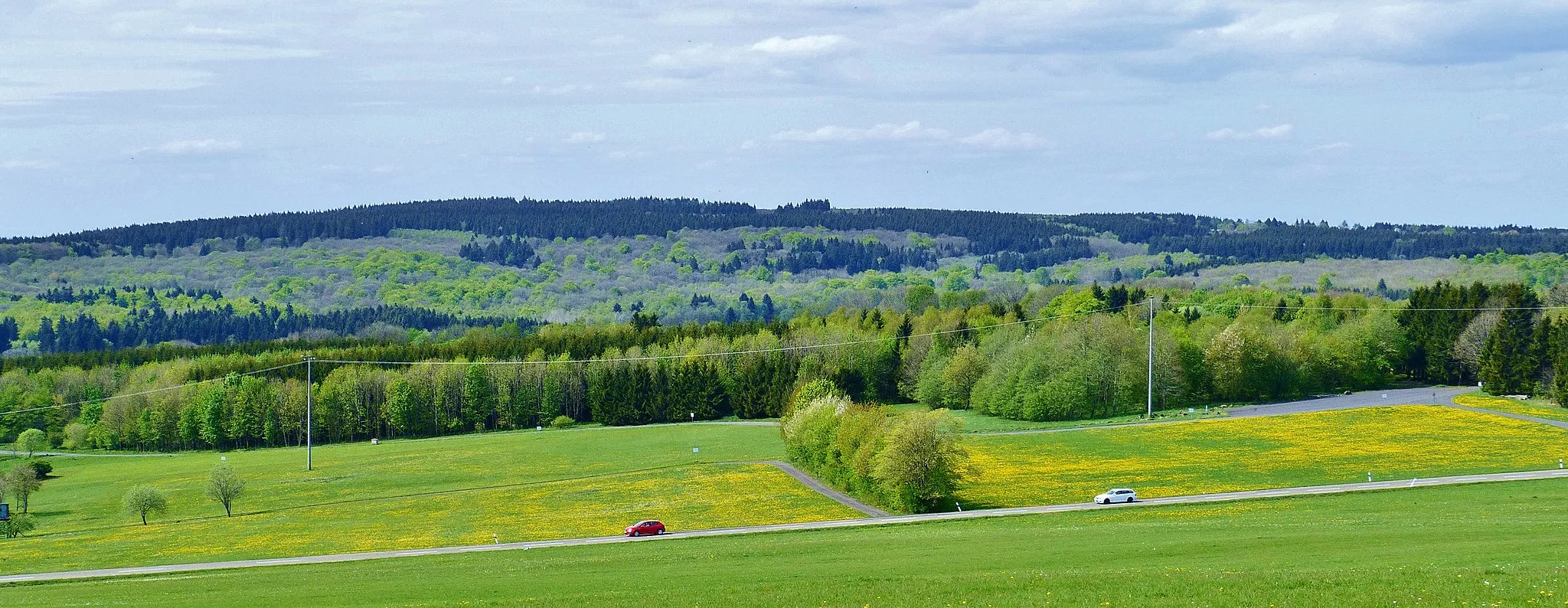 Photo showing: Der Stegskopf •  Blick aus Südsüdost vom Galgenberg (über die Straße Stein - Hof hinweg)  •  Δ = 3,7 km; mrel = 1,4