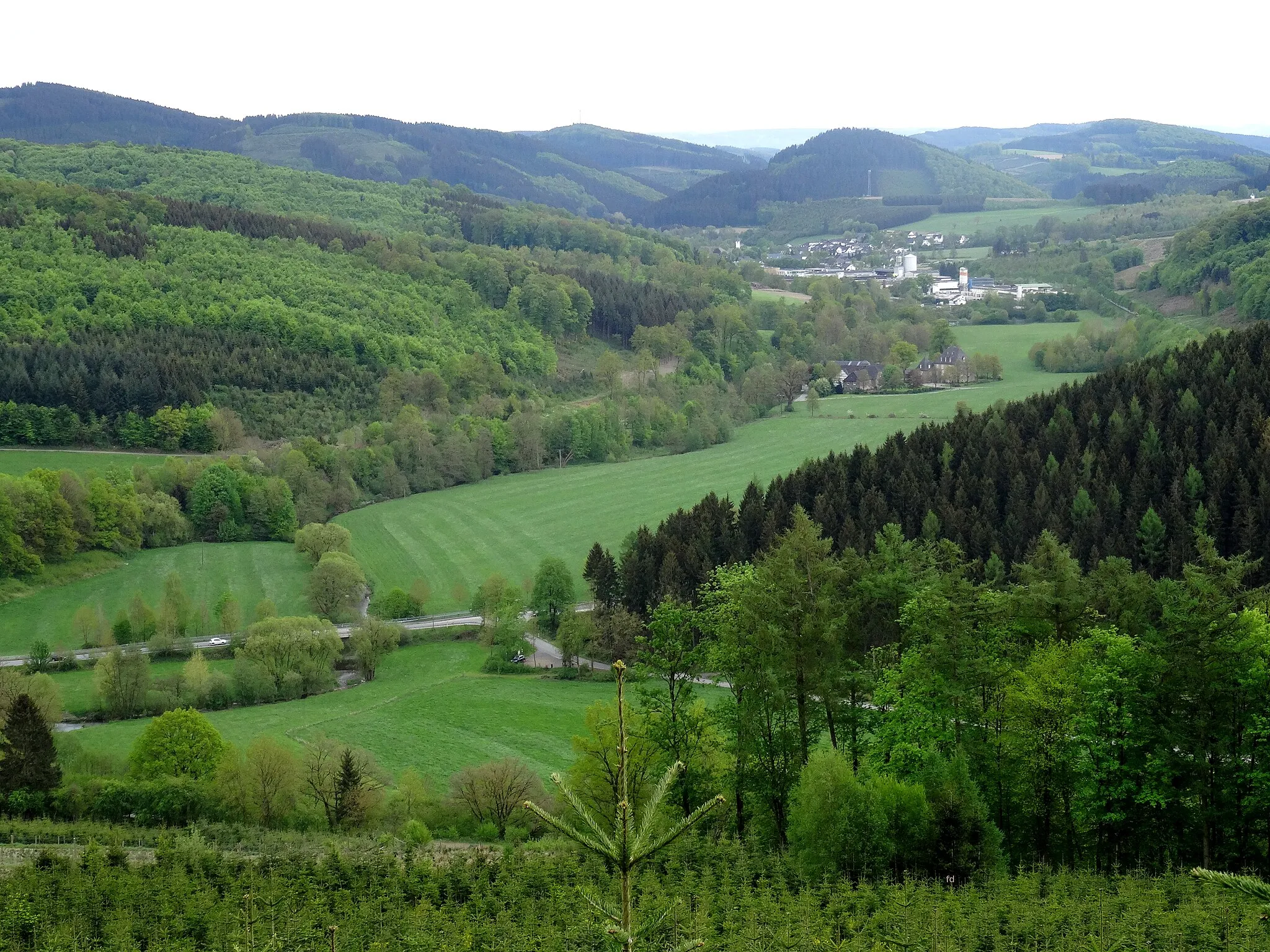 Photo showing: Blick vom Estenberg ins Wennetal in Eslohe: Quer durchs Bild verläuft das Tal der Wenne mit Haus Wenne (oben rechts), dahinter Gewerbegebiet Bremke, unten rechts das Seitental der Salwey. – Der baumbestandene Talgrund der Wenne sowie das Grünlandtal der Salwey im Bild liegen im Naturschutzgebiet „Wennetal“; weitere Bereiche liegen in verschiedenen Landschaftsschutzgebieten.