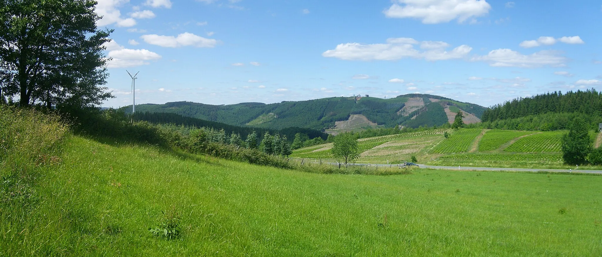 Photo showing: Der Bastenberg (745,1 m) von Richtung Ostsüdost im SSW, de:Ramsbeck, de:Bestwig, Nordrhein-Westfalen, Deutschland Ganz links der Kernebrockskopf (682,0 m), weiter rechts der Hockenstein (693,4 m), rechts der Mitte dann der Bastenberg selber. See Udeuschle