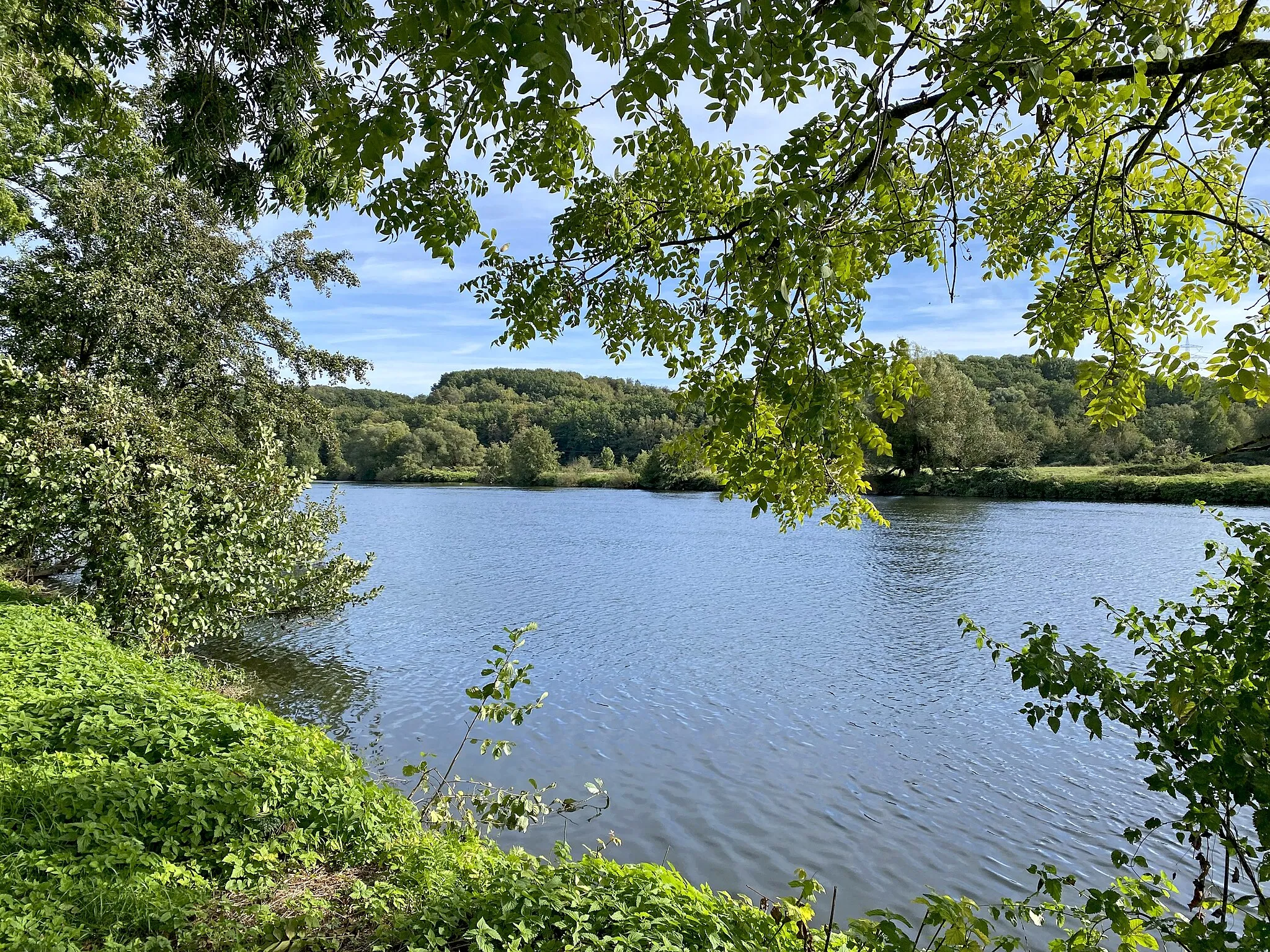 Photo showing: Breite, aufgestaute Ruhr nordöstlich Niederwenigern im Naturschutzgebiet Ruhraue Hattingen Winz