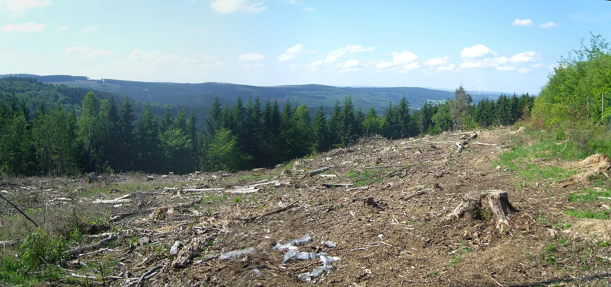 Photo showing: Blick von der Stiegelburg (641,0 m)b nach Südosten; im Zentrum der Jagdberg (676,3 m), rechts davon die Nordhöll (641,1 m), Basis der Haincher Höhe; zwischen beiden sind im Hintergrund die Bottenhorner Hochflächen mit der Angelburg (609,4 m) erkennbar – siehe Udeuschle