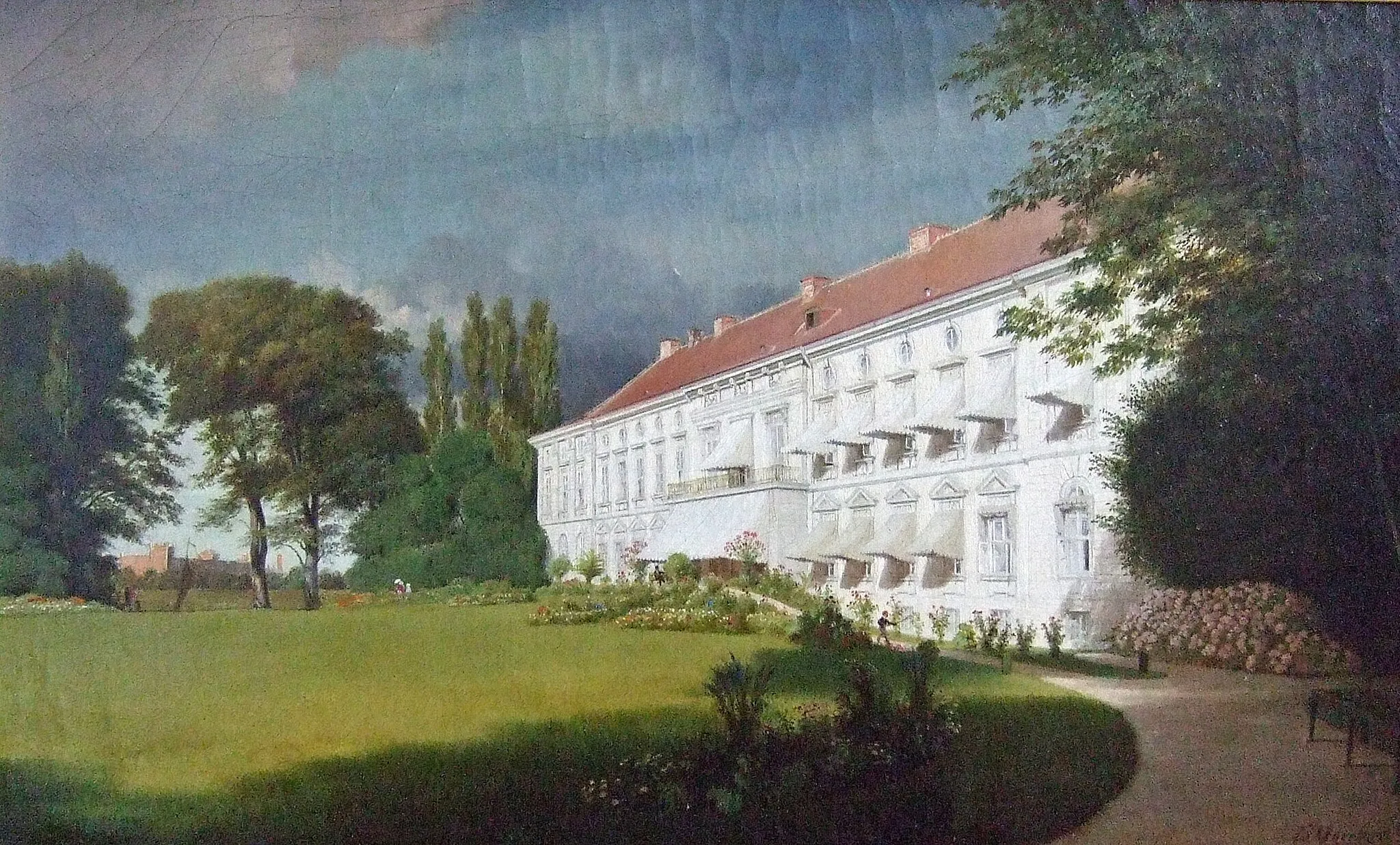 Photo showing: Schloss Bellevue in Berlin von der Gartenseite von Eduard Gaertner, 1847 -- ausgestellt in Schloss Friedrichsfelde (Standort des Stadtmuseums Berlin)