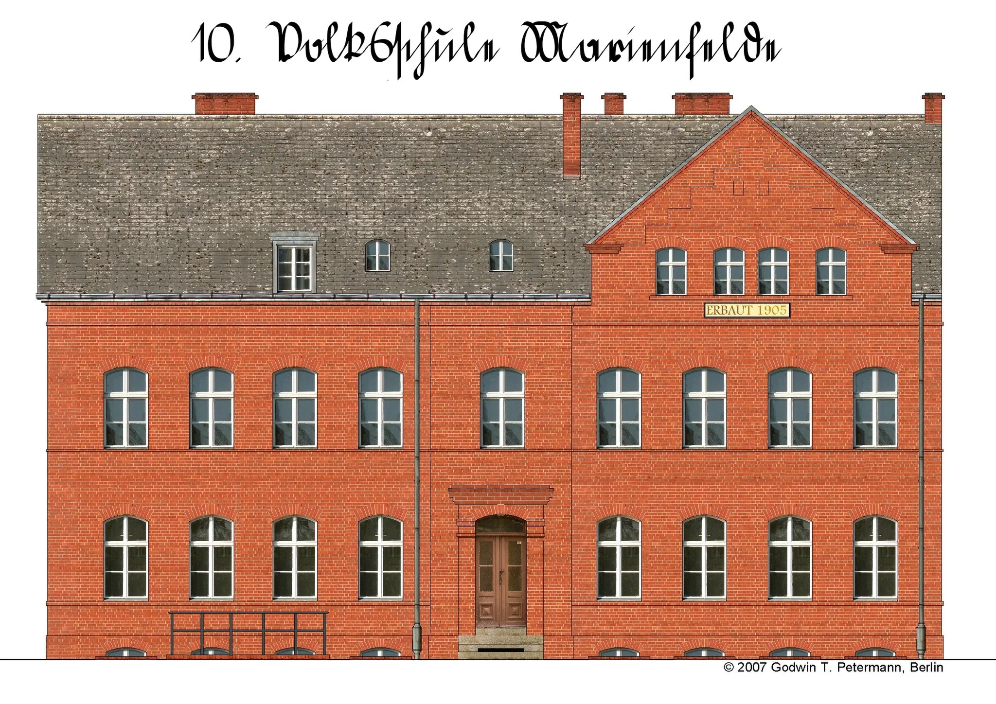 Photo showing: 10. Volksschule Marienfelde 1905 - 3. Gebäude. Rekonstruktion der Straßenseite der 1970 abgerissenen Volksschule in Berlin-Marienfelde. Auf dem Grundstück der alten 10. Volksschule Marienfelde wurde in den 70er Jahren die Solling-Oberschule errichtet. Dieses Bild ist eine Kombination aus Zeichnung und fotorealistischen Texturen. Nachfolgeschule der 10. Volksschule Marienfelde wurde die Kiepert-Schule, Berlin-Marienfelde.