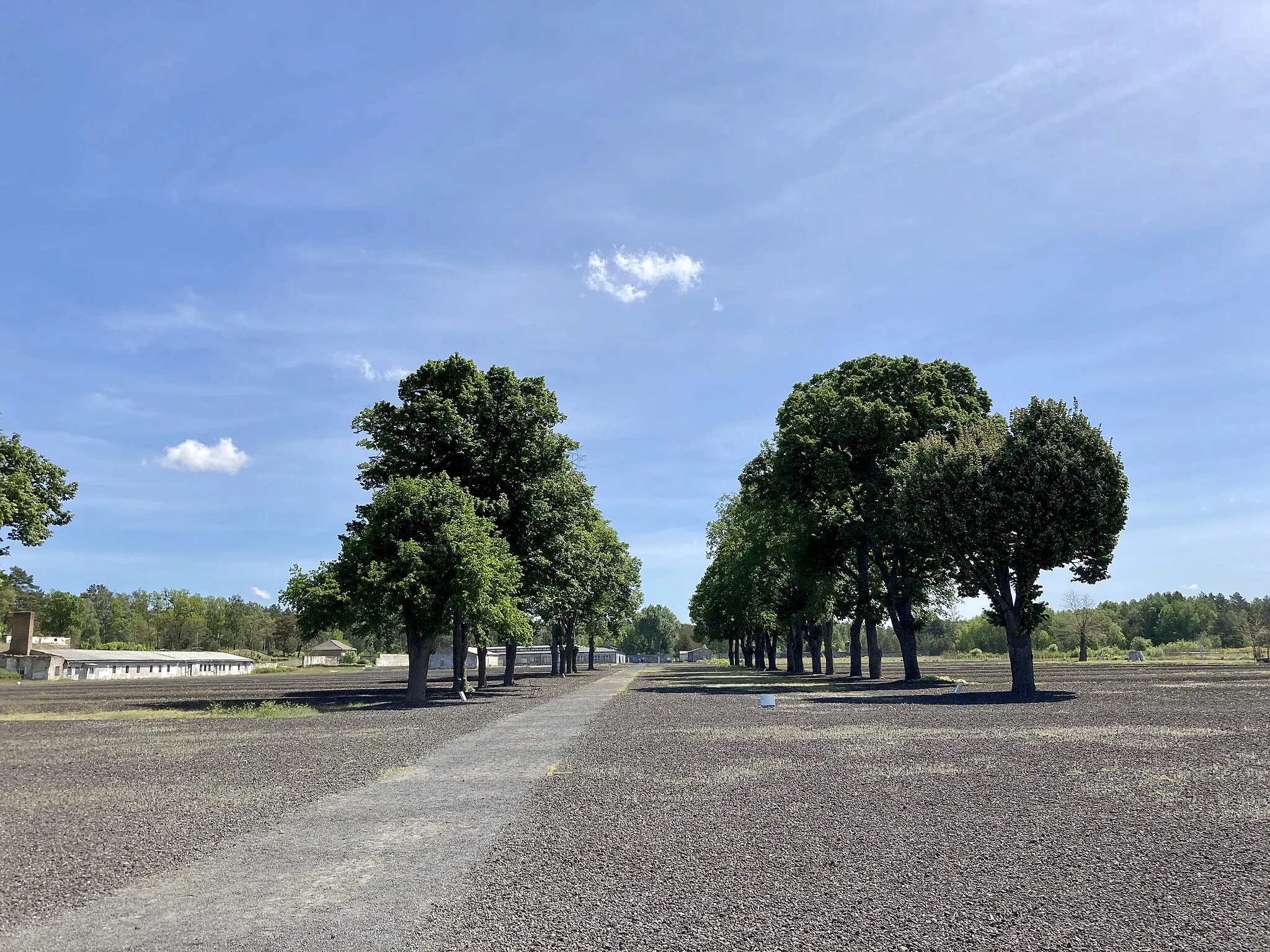 Photo showing: View from the roll call square down the camp street 1 of the former Ravensbrück concentration camp. The site is a memorial today.