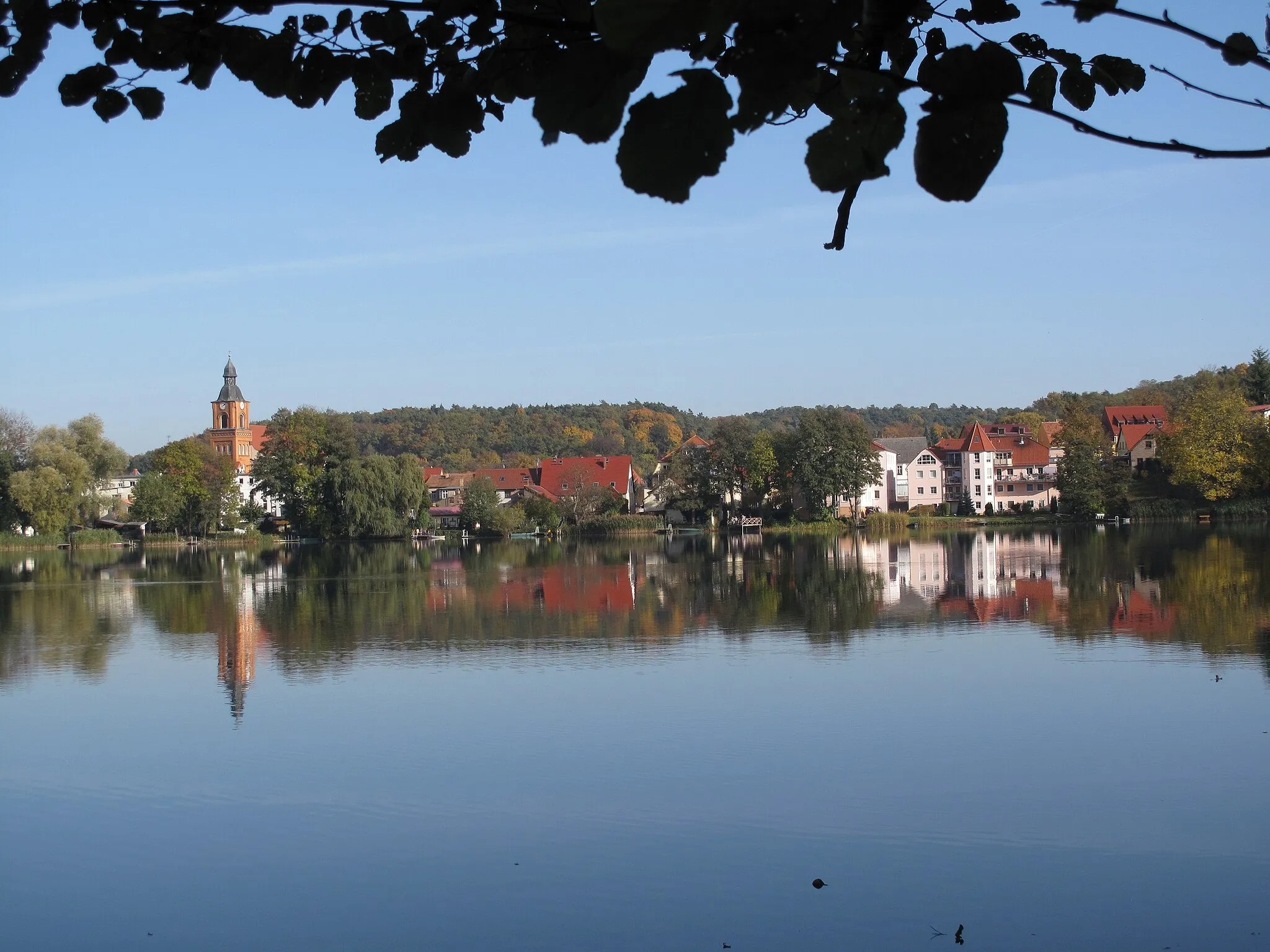 Photo showing: View of the western shore of the Buckowsee to the center of Buckow at the eastern shore. The Buckowsee is a lake in Buckow, District Märkisch-Oderland, Brandenburg, Germany. The lake covers 14 hectare and has a depth of max. twelve meters. It is crossed by the river Stobber. In the west border the Kurpark Buckow (german for: Spa Park) and the Lunapark to the lake. The lake is situated in the hill country „Märkische Schweiz“ and in the Märkische Schweiz Nature Park.