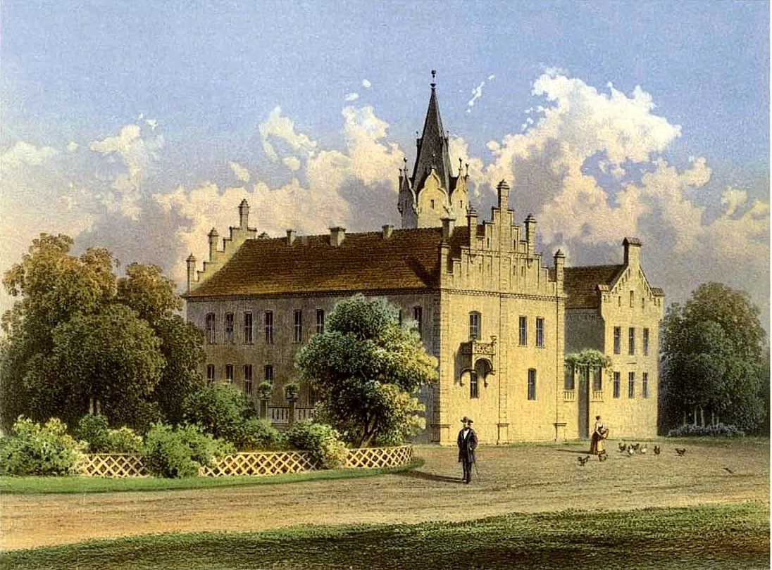 Photo showing: Schloss Beesdau, Kreis Luckau, Provinz Brandenburg, Lithografie aus dem 19. Jahrhundert