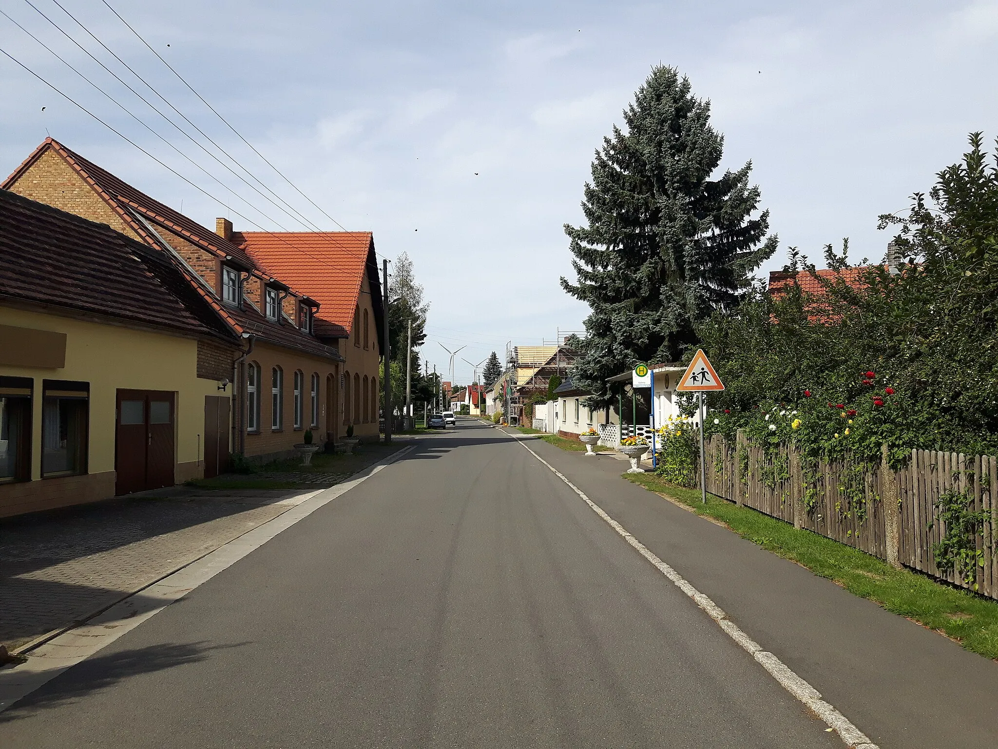 Photo showing: Dorfstraße in Göllnitz, einem Ortsteil der Gemeinde Sallgast im Landkreis Elbe-Elster in Brandenburg, mit Blickrichtung zum Dorfanger.