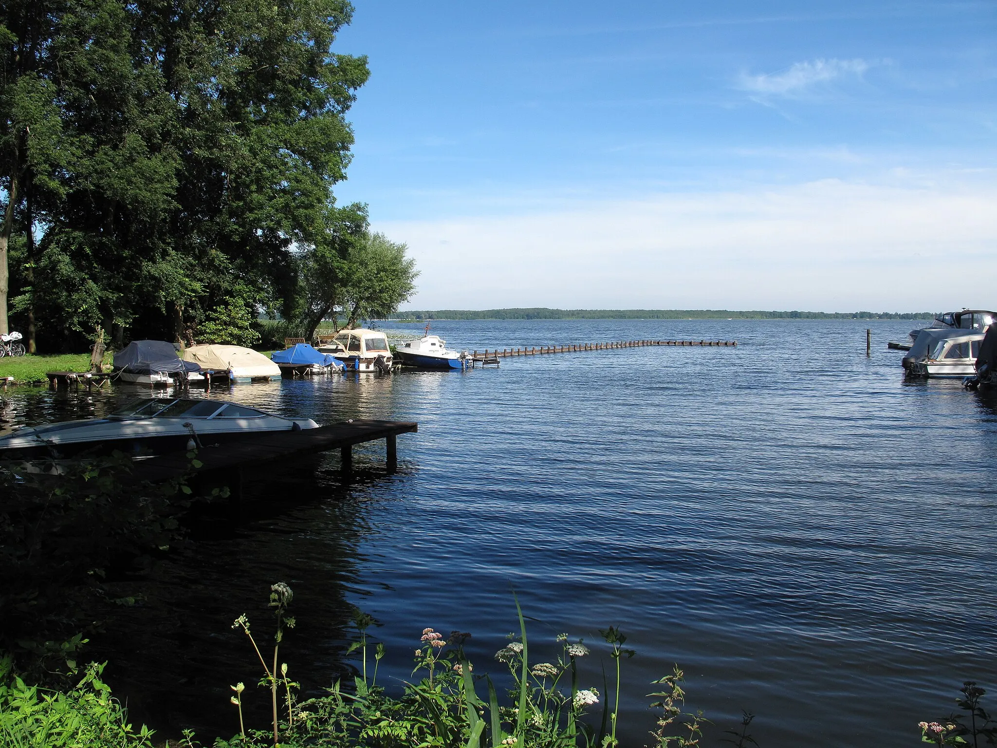 Photo showing: The Wolziger See is a lake in Heidesee, District Dahme-Spreewald, Brandenburg, Germany. The lake covers 597 hectare and has a depth of max. 13 meters. It is situated in the Dahme-Heideseen Nature Park. Shown here: view from the south-eastern shore in Görsdorf at the confluence of the Köllnitzer Fließ/Mühlenfließ.