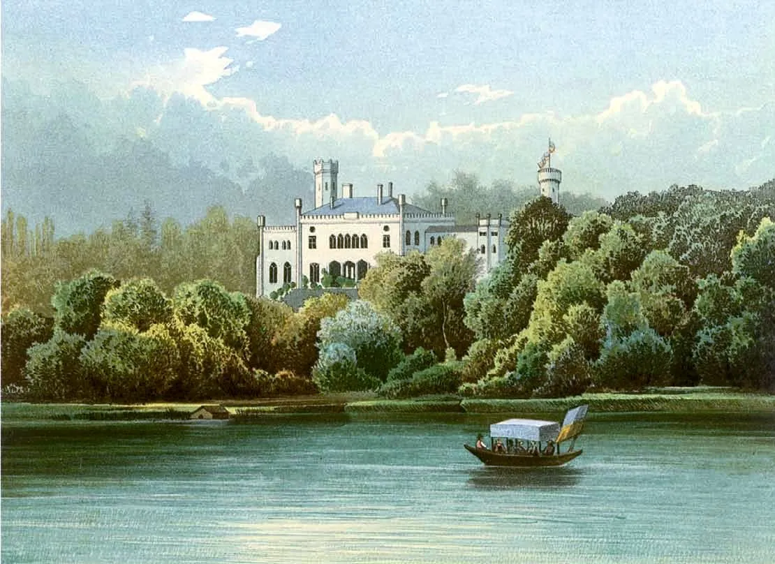 Photo showing: Schloss Falkenhagen, Kreis Lebus, Provinz Brandenburg, Lithographie von Alexander Duncker, 1869