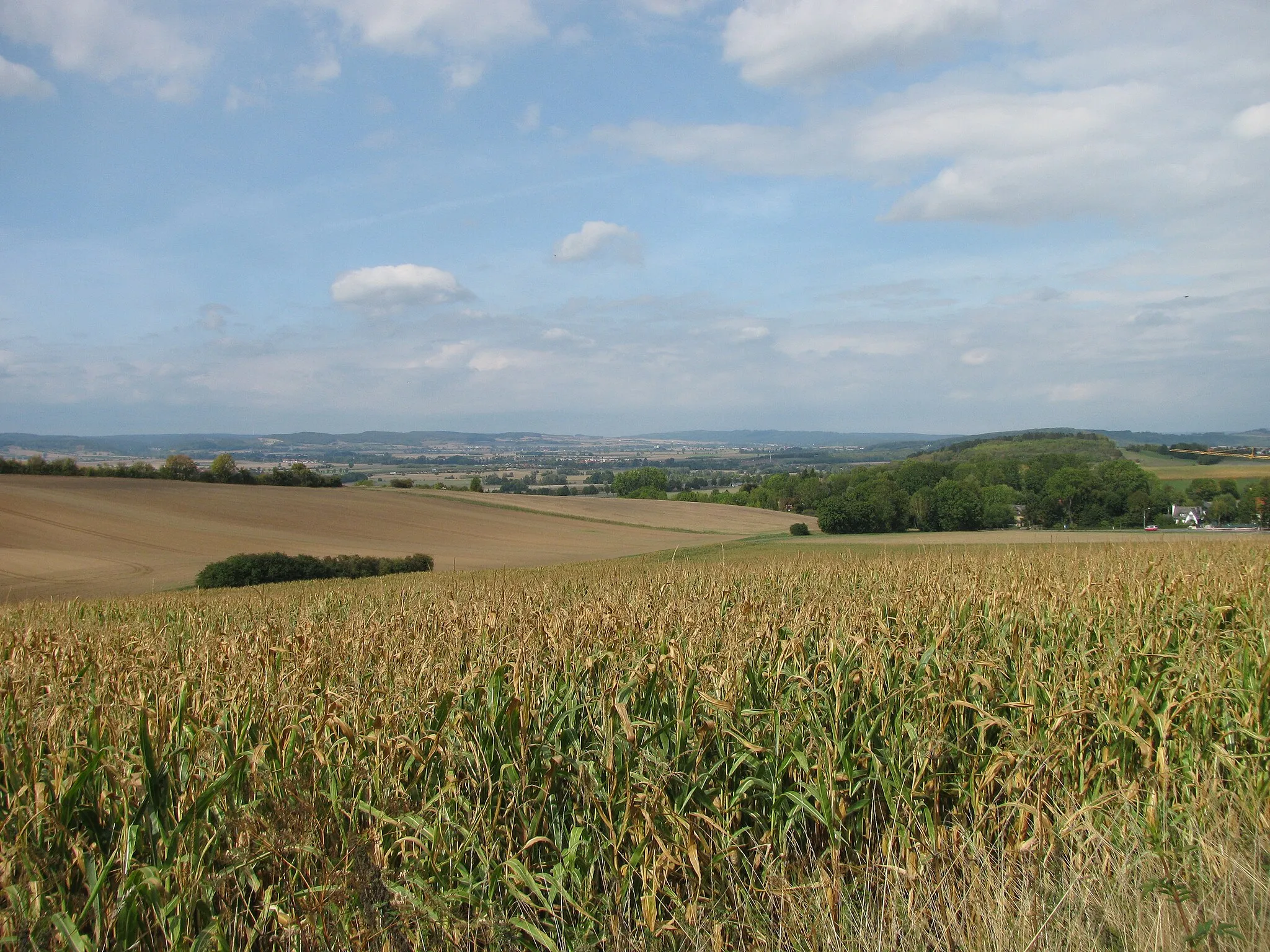 Photo showing: Blick von dem Feldweg am östlichen Ortsrand von Bovenden in das Tal der Leine