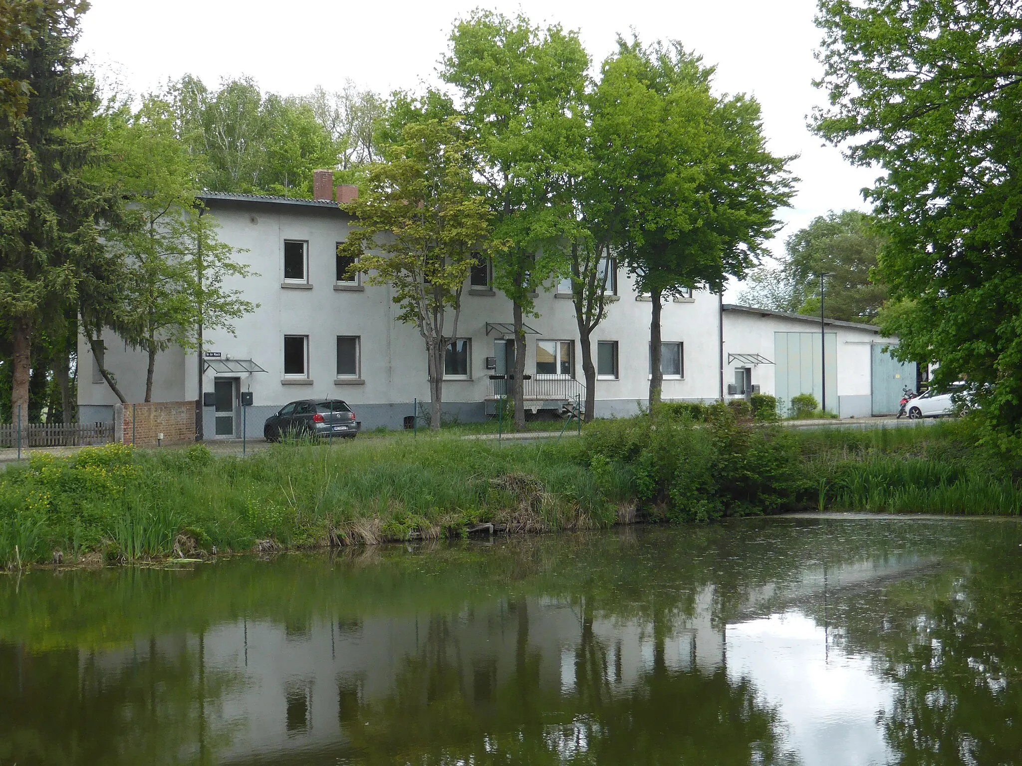 Photo showing: Dorfteich in Bahrdorf, im Hintergrund die ehemalige Molkerei.