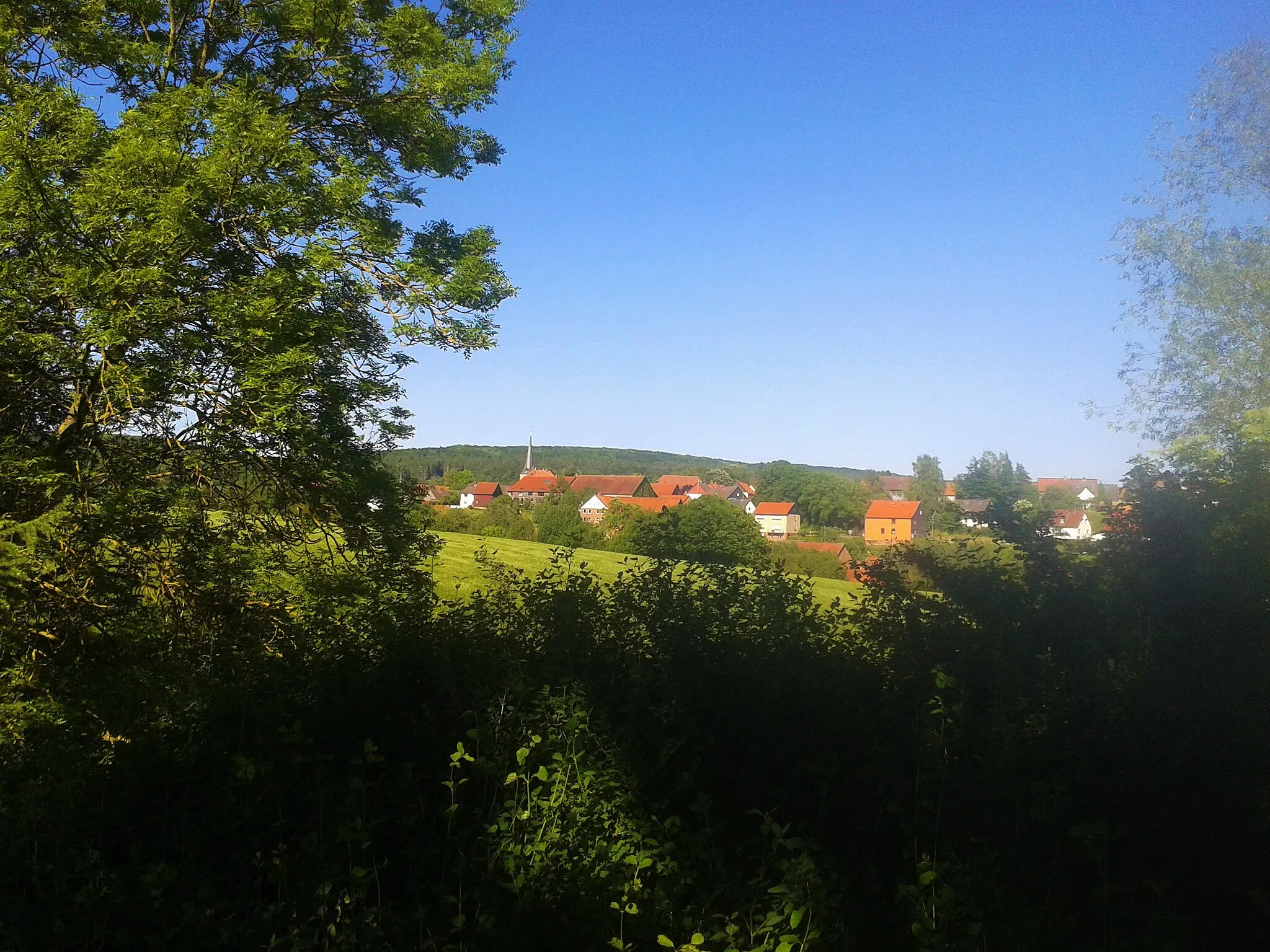 Photo showing: Blick auf die Bad Gandersheimer Ortschaft Gehrenrode von der alten Bahnstrecke Gandersheim-Bodenburg aus.