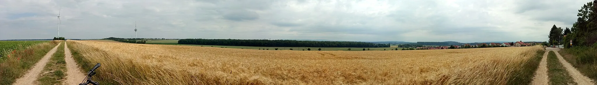 Photo showing: Panoramic view from the Geitelder Berg, highest natural point in Braunschweig, Germany, towards north, west and south.
in northern direction, the track leading to a small forest and a wind power station,
towards north-northwest, the radio tower in Broitzem on the adjacent Steinberg,
in the west, a grain field, and behind it the Geitelde forest,
towards south-west the Asse mountains in the far background, and towards its right the Lindenberg in Salzgitter
to the south, the track leading to the village Geitelde