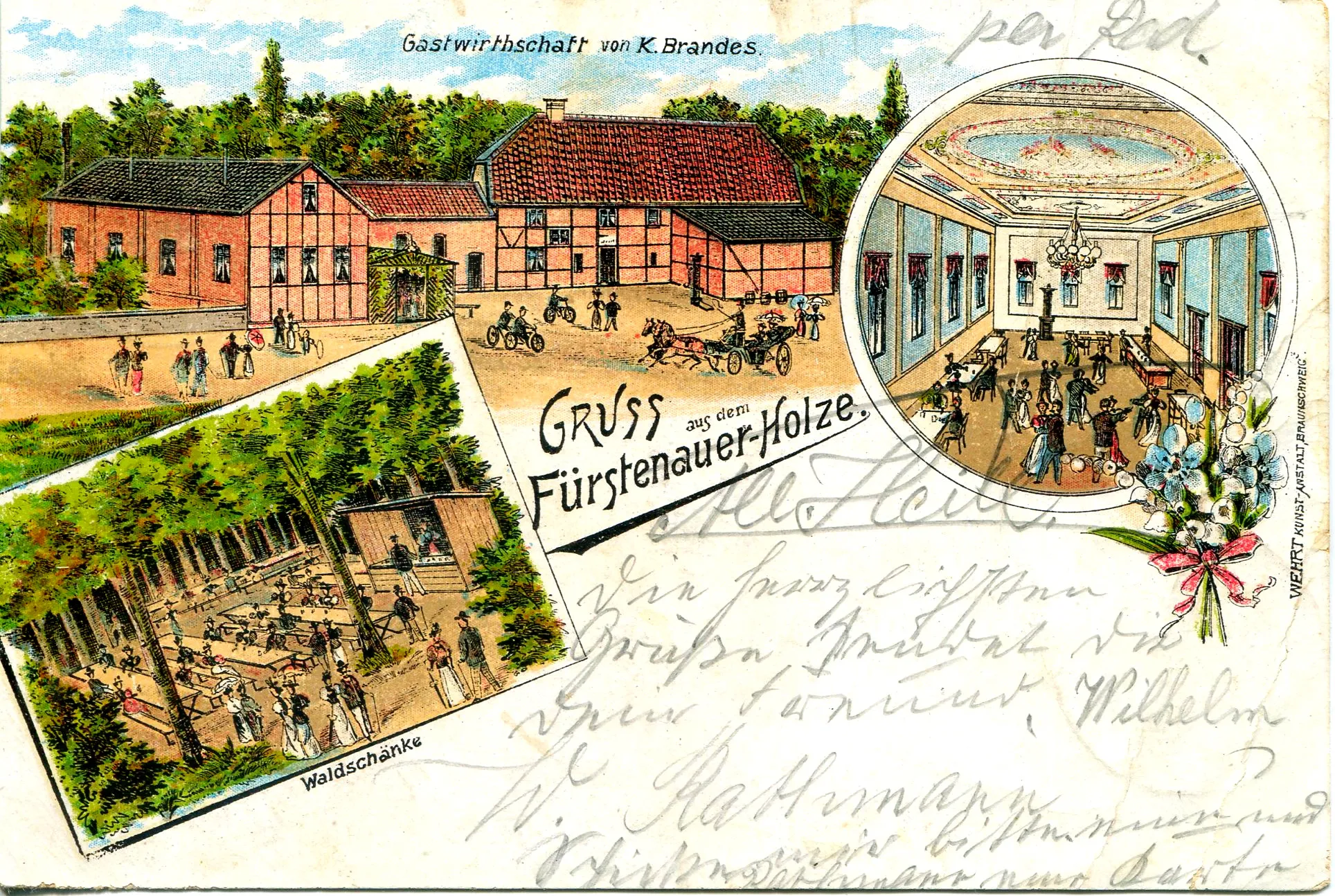 Photo showing: Ansichtskarte, erstellt als vielfarbige Lithographie und Reproduktion im Verlag August Wehrt. Ausschnittartig wird ein Biergartenidyll und ein Blick in den Festsaal der Gastwirtschaft Brandes in Fürstenau dargestellt.
Schlosser Wilhelm Rathmann aus Braunschweig schreibt Ende März 1899 während eines Fahrradausflugs eine Ansichtskarte aus der Gastwirtschaft von K. Brandes an seinen Freund in Westerode im Harz. Er verwendete den zu dieser Zeit üblichen Radfahrergruß All Heill.

Die Ansichtskarte wurde am Karfreitag, dem 31. März, in Vechelde abends zwischen 8 und 12 Uhr abgestempelt und erhielt bereits am nächsten Tag zwischen 8 und 9 Uhr den Ankunftsstempel von Westerode (Harz).