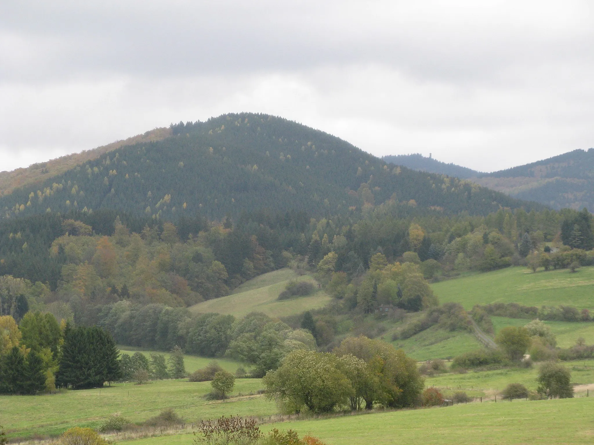 Photo showing: Der Eichelnkopf bei Herzberg am Harz, rechts im Hintergrund der Große Knollen mit Aussichtsturm