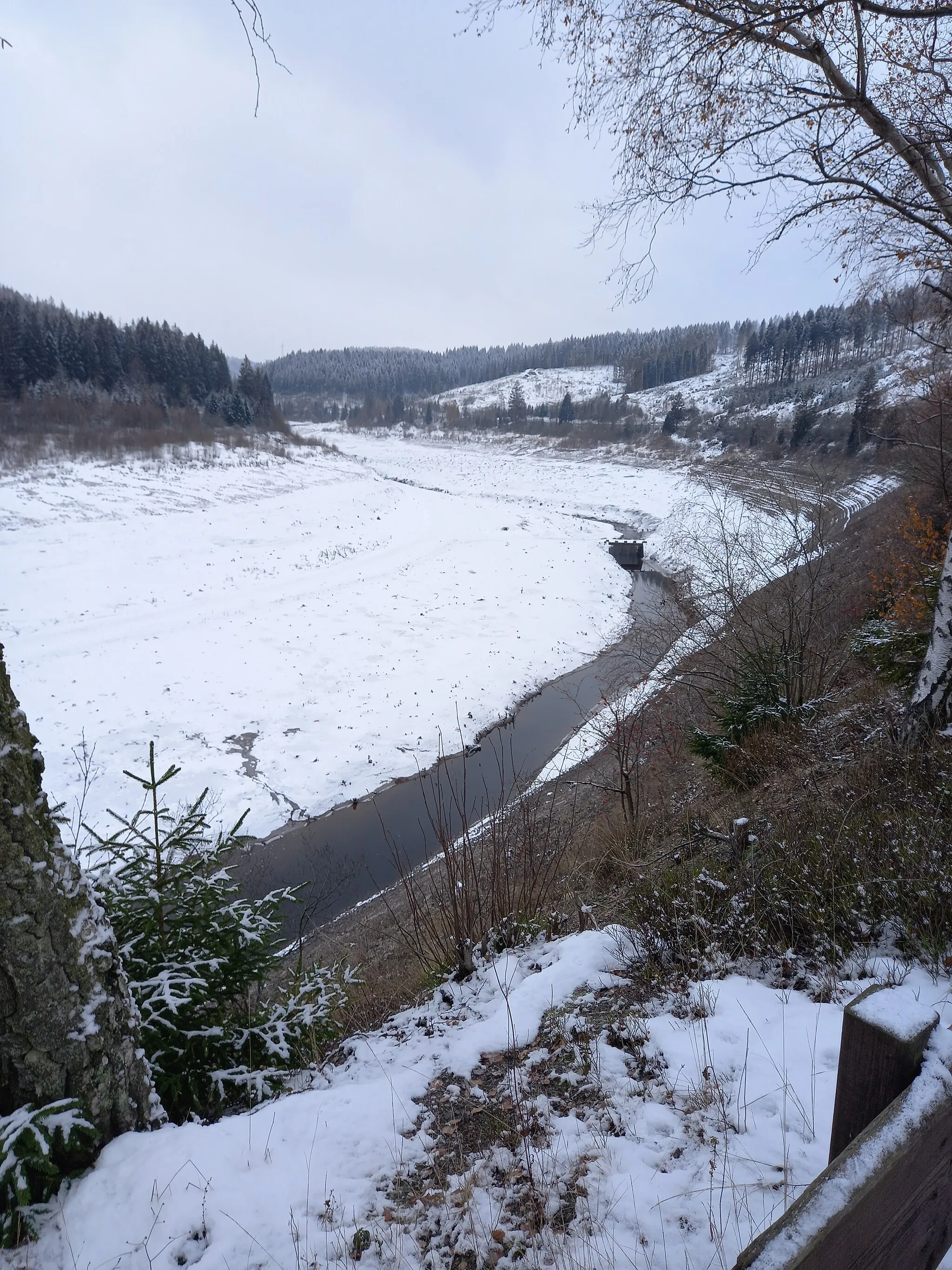 Photo showing: Angefrorene Okertalsperre im Dezember 2022 in Gemkenthal.  Das Flussbett der Oker ist an der dunklen Färbung und der Brücke in der Bildmitte zu erkennen.