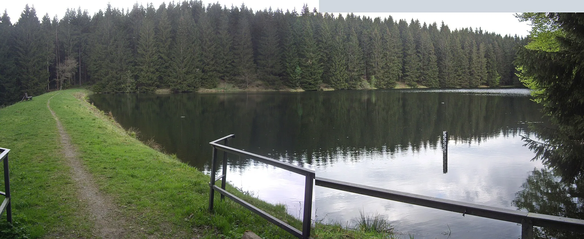 Photo showing: Haderbacher Teich bei Buntenbock im Harz, Blick vom Staudamm an der Südseite. Zusammengesetztes Bild aus 2 Einzelfotos.