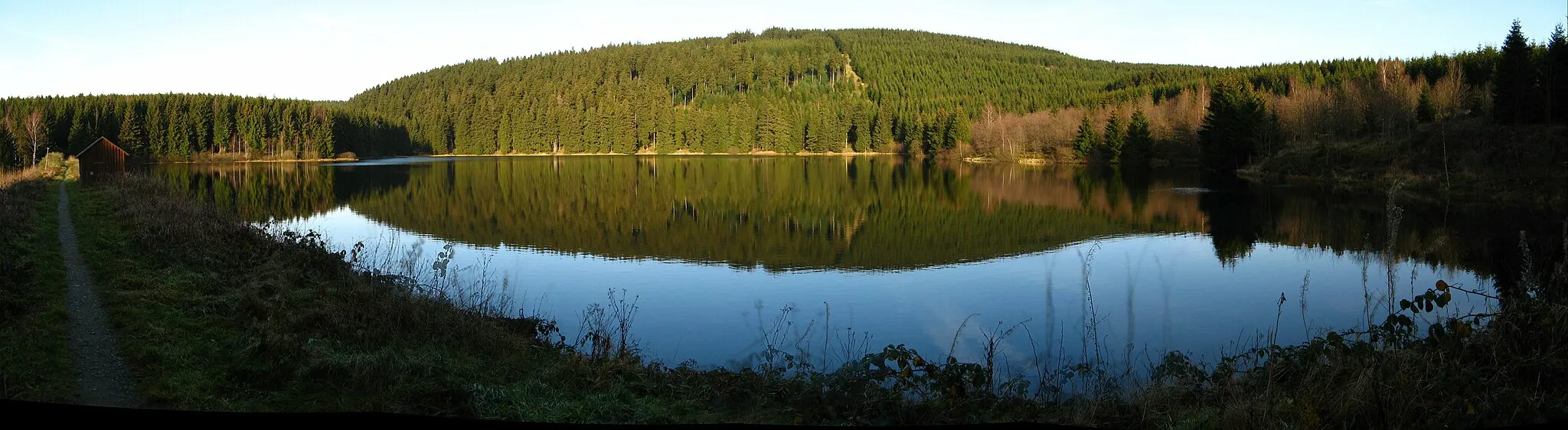 Photo showing: Großer Kellerhalsteich, im Hintergrund der Kahle Berg, die Westseite der Schalke