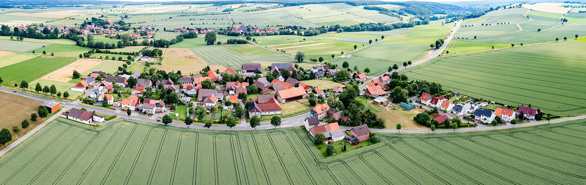 Photo showing: Fotografie des Ortes Eilensen, Blickrichtung Süden. Im Hintergrund liegen die Orte v. l. Ellensen und Krimmensen. Davor verläuft die Ilme.