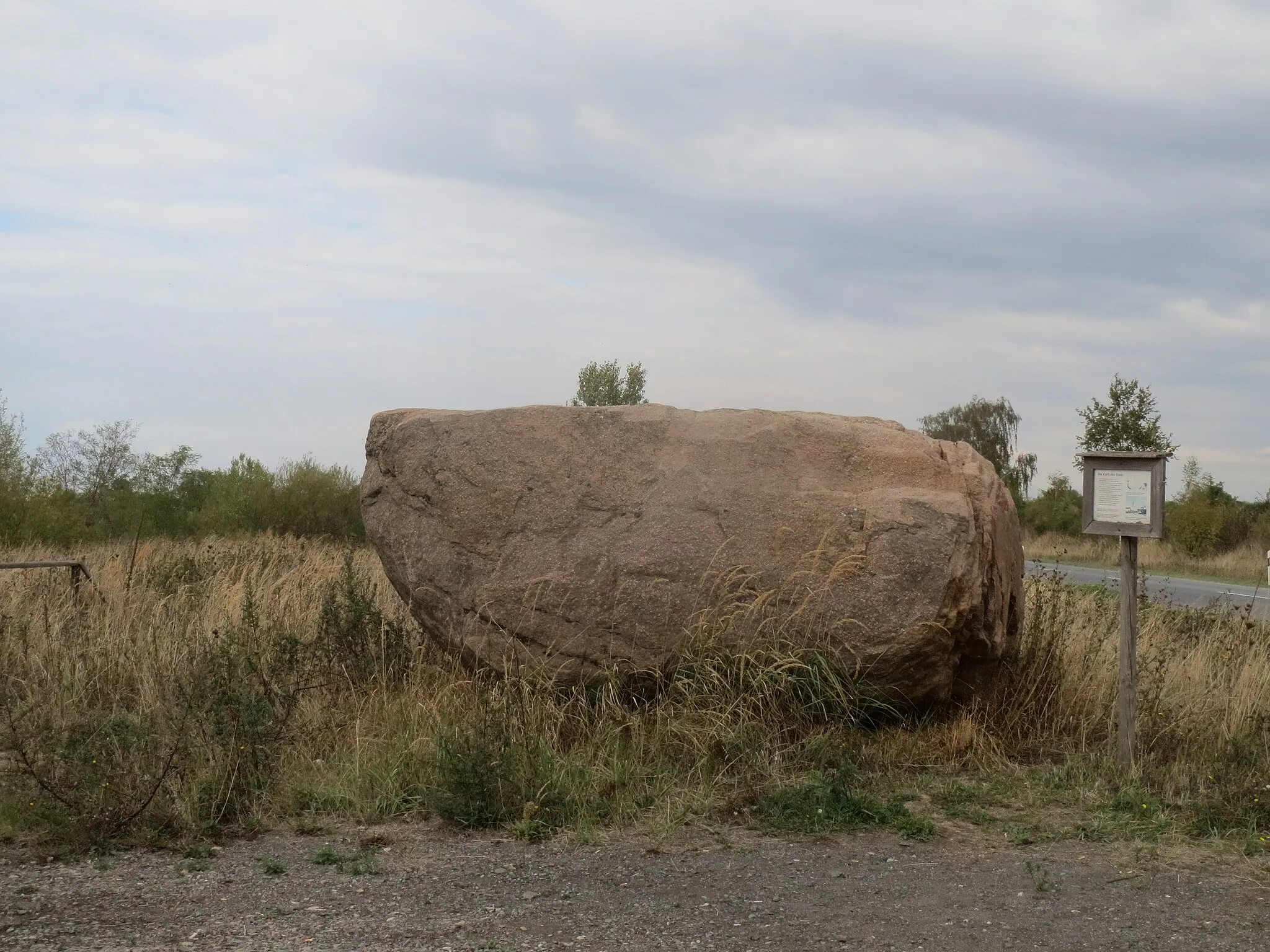 Photo showing: Findling östlich der Quarzsandgrube an der Kreisstraße K8 zwischen de:Uhry und de:Rhode am FEMO-Geopunkt Uhry. Laut einem Schild neben dem Stein wurde der Findling 2004 bei Abbauarbeiten in der nebenan gelegenen Quarzsandgrube entdeckt. Er besteht aus Blekinge-Granit, ist ca. 1,6 Mrd. Jahre alt und wurde im Gletschereis während der Elster- oder Saale-Kaltzeit nach Uhry transportiert. Der Findling hat ein Gewicht von 45 t und steht, mit einem Durchmesser von mehr als zwei Meter, unter "Naturschutz".