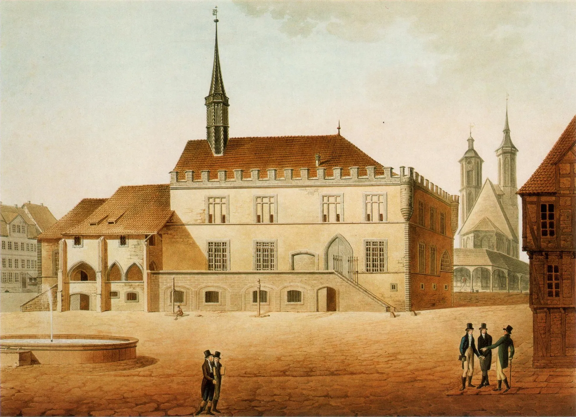 Photo showing: Altes Rathaus der Stadt Göttingen, Ansicht der Vorderfront mit Marktplatz und Marktbrunnen (ganz links). Hinten rechts die Johanniskirche vor der Veränderung des Chores 1895–97 durch C. W. Hase, davor der Arkadengang des Fleischscharrens. Aquarell