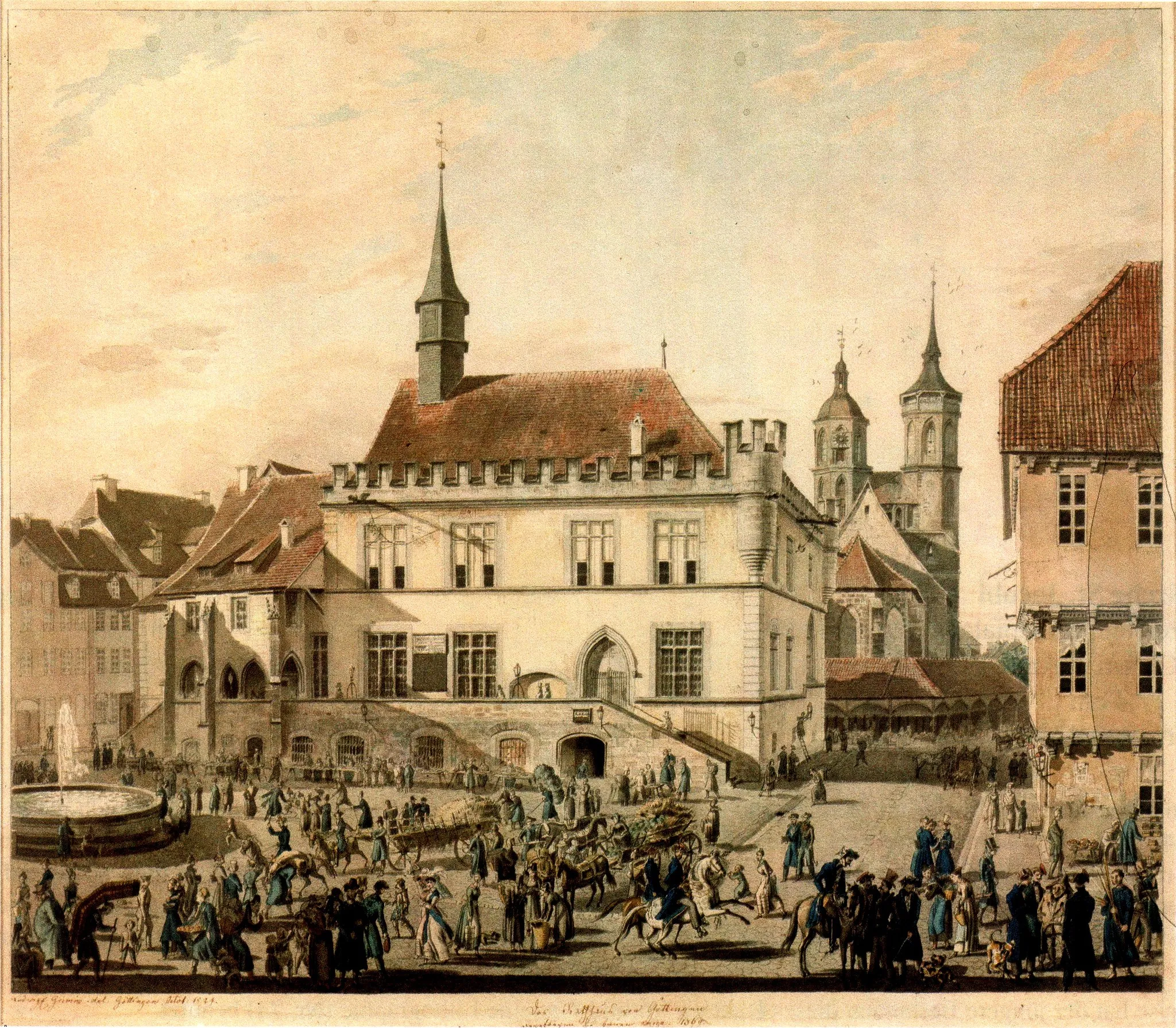 Photo showing: Altes Rathaus der Stadt Göttingen, Ansicht der Vorderfront mit Marktplatz und Marktbrunnen (ganz links). Hinten rechts die Johanniskirche vor der Veränderung des Chores 1895–97 durch C. W. Hase, davor der Arkadengang des Fleischscharrens. Aquarellierte Federzeichnung