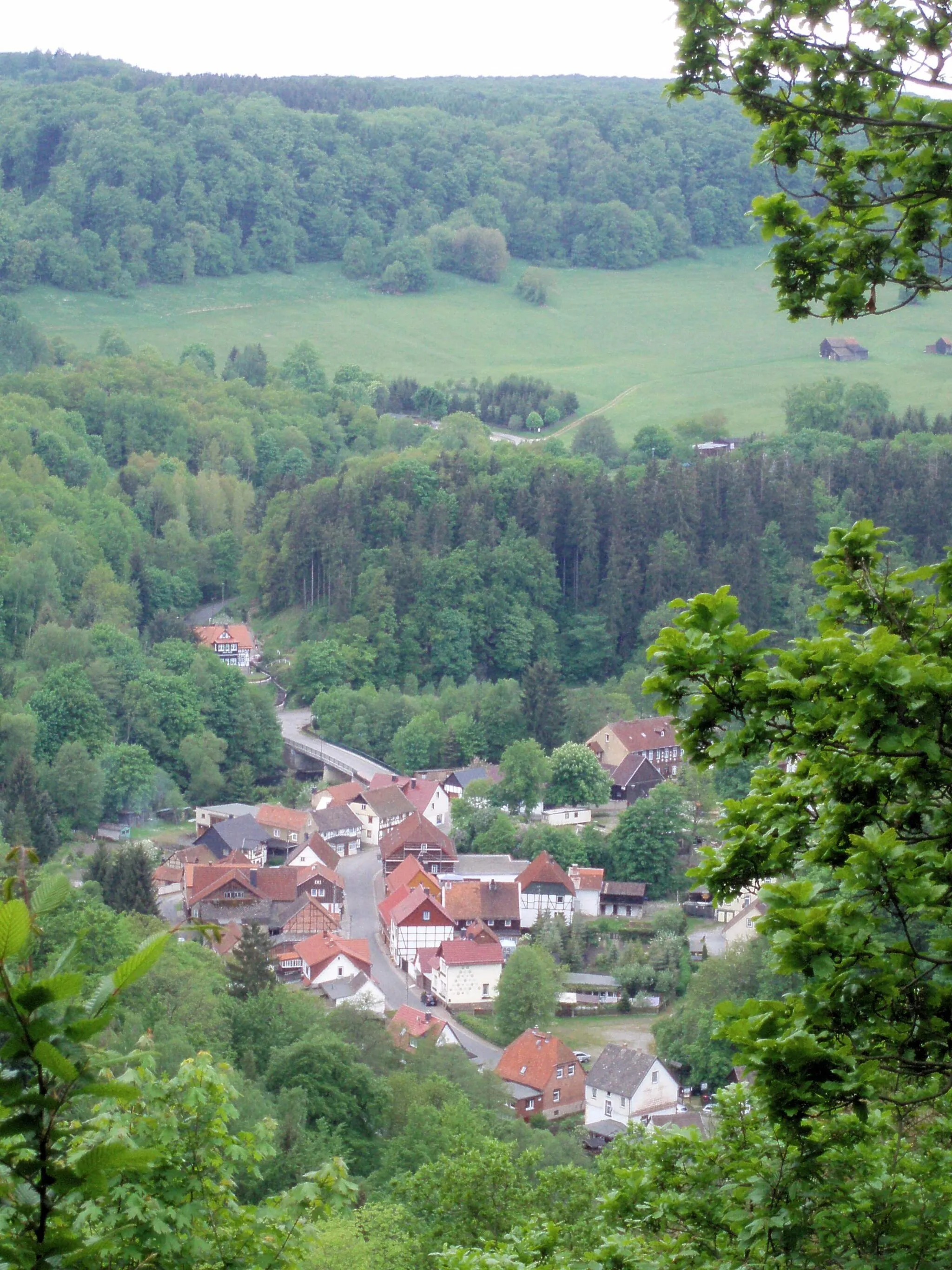 Photo showing: View from the Böser Kleef crags of the village of Altenbrak, Harz mountains, Germany