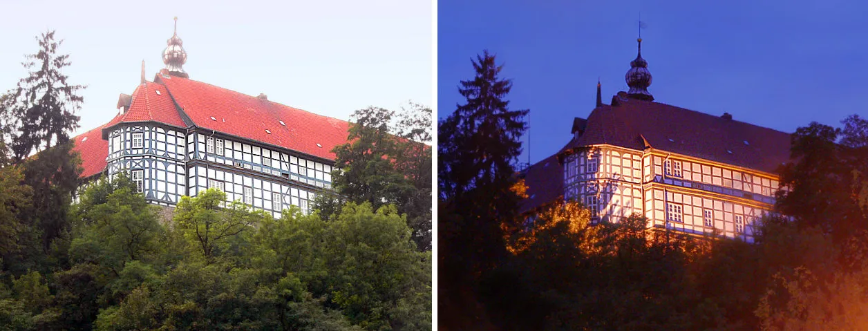 Photo showing: Schloss Herzberg vom Stadtzentrum aus gesehen, Tag- und Nachtvergleich