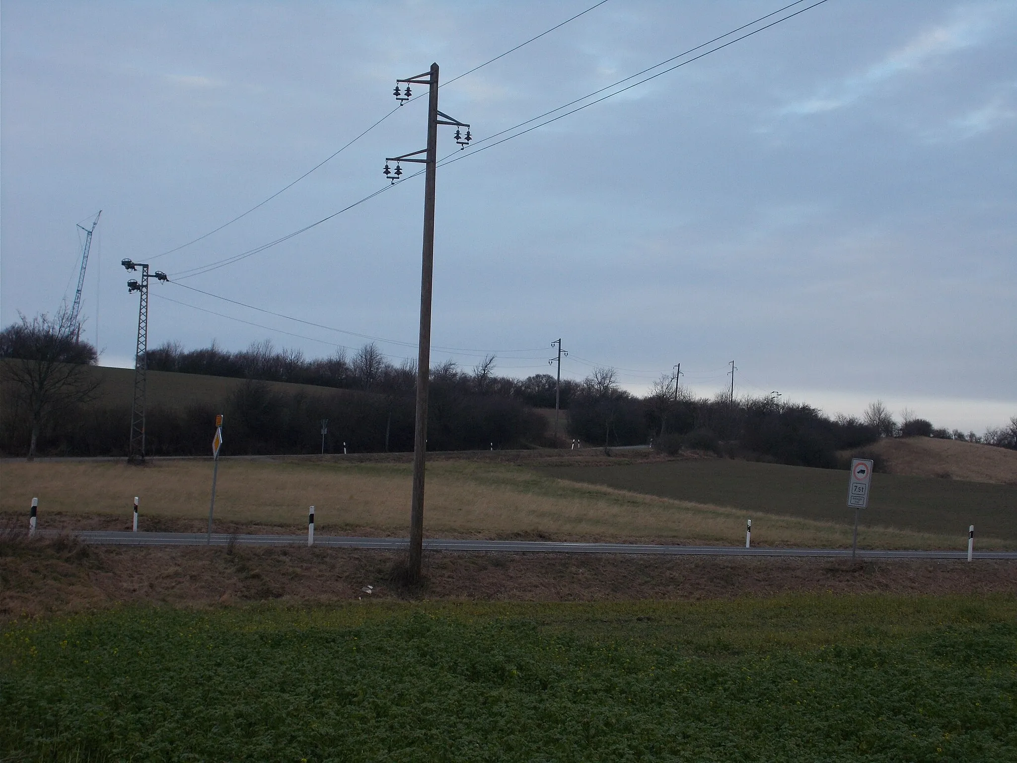 Photo showing: 15 kV poles (pylons) near Probsteiburg, Goslar, Germany