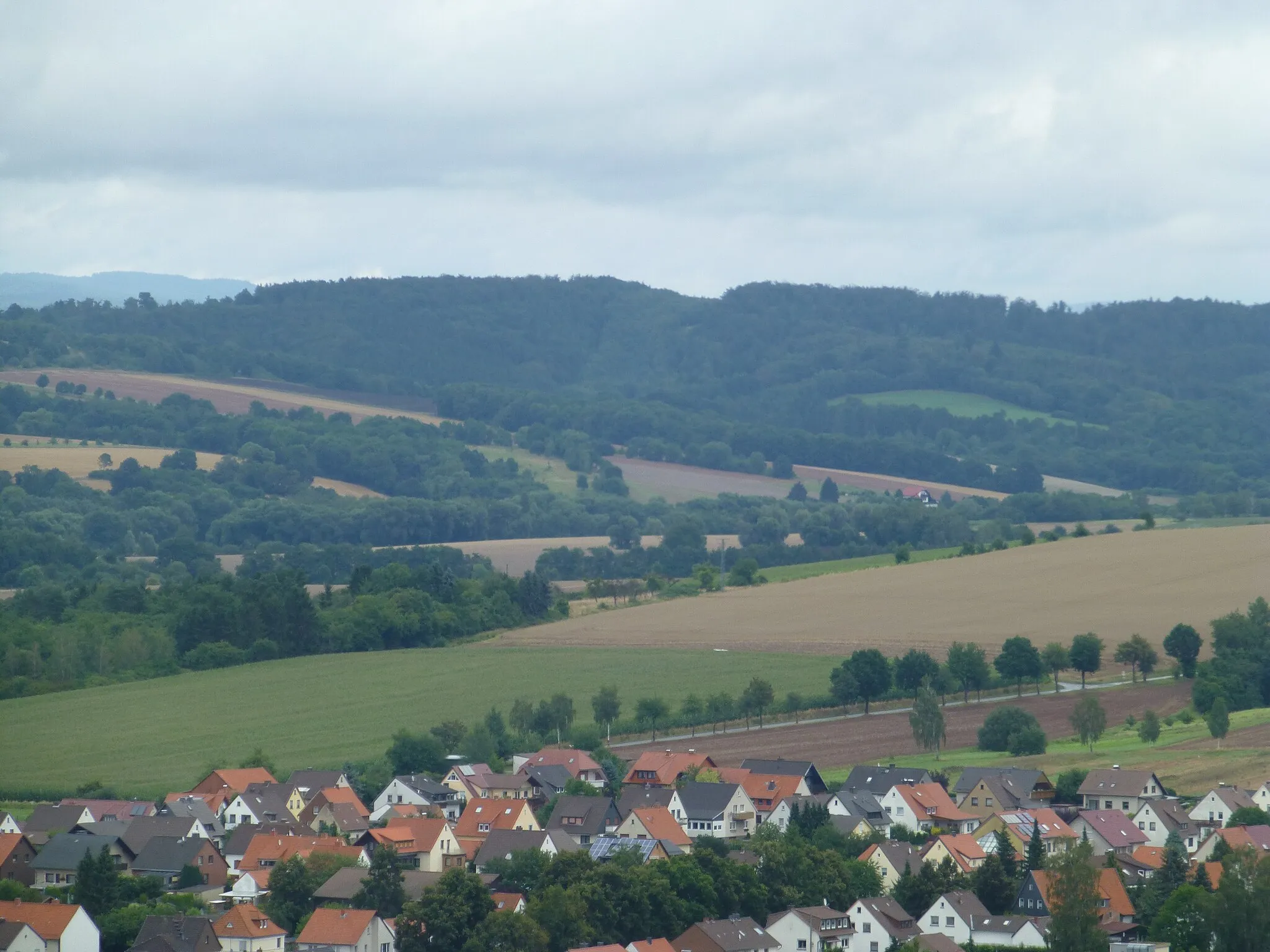 Photo showing: Blick vom Pferdebergturm über Gerblingerode zum Bundsenberg (der Verlauf der ehemaligen innerdeutschen Grenze ist noch im Waldgebiet erkennbar)