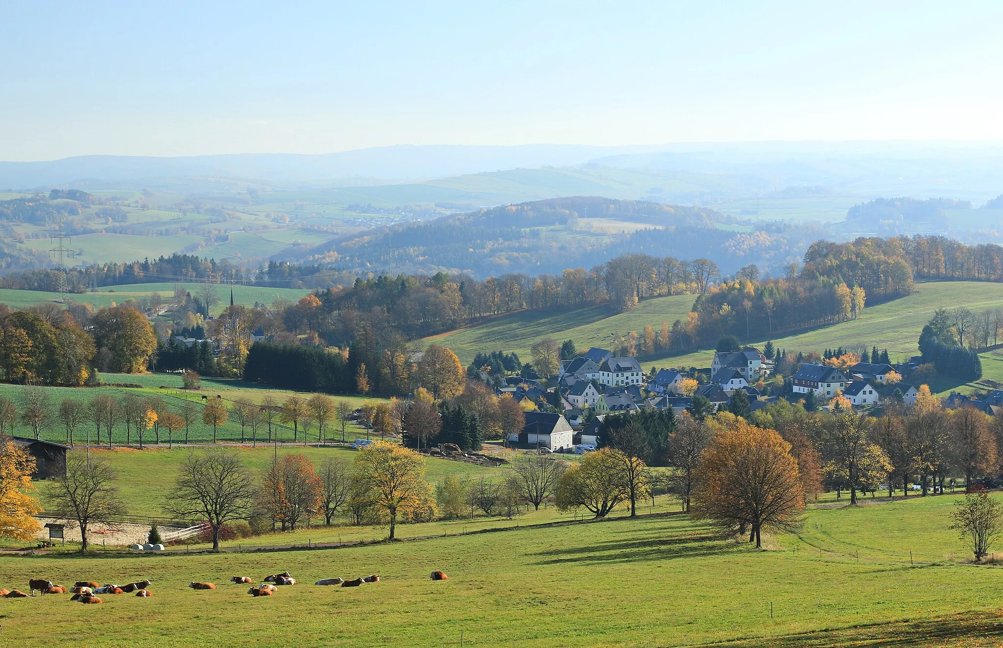 Photo showing: Erzgebirgische Landschaft im Herbst. Blick in Richtung Neundorf, Sachsen.