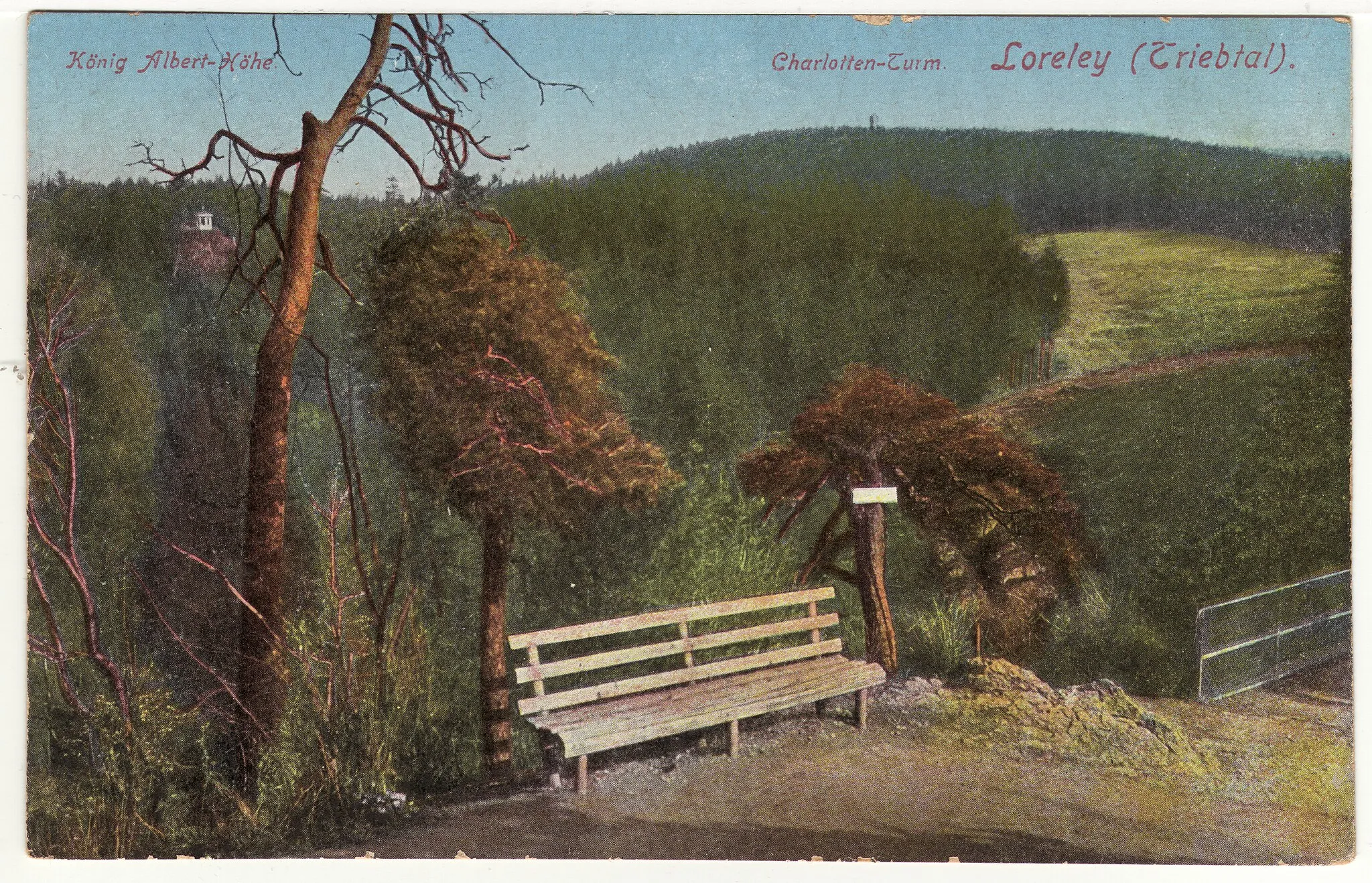 Photo showing: Die Loreley, ein Felsen, am Rand des Tals des Flusses Trieb im Vogland. Blick auf den Charlotten-Turm bei Pöhl und die König-Albert-Höhe.