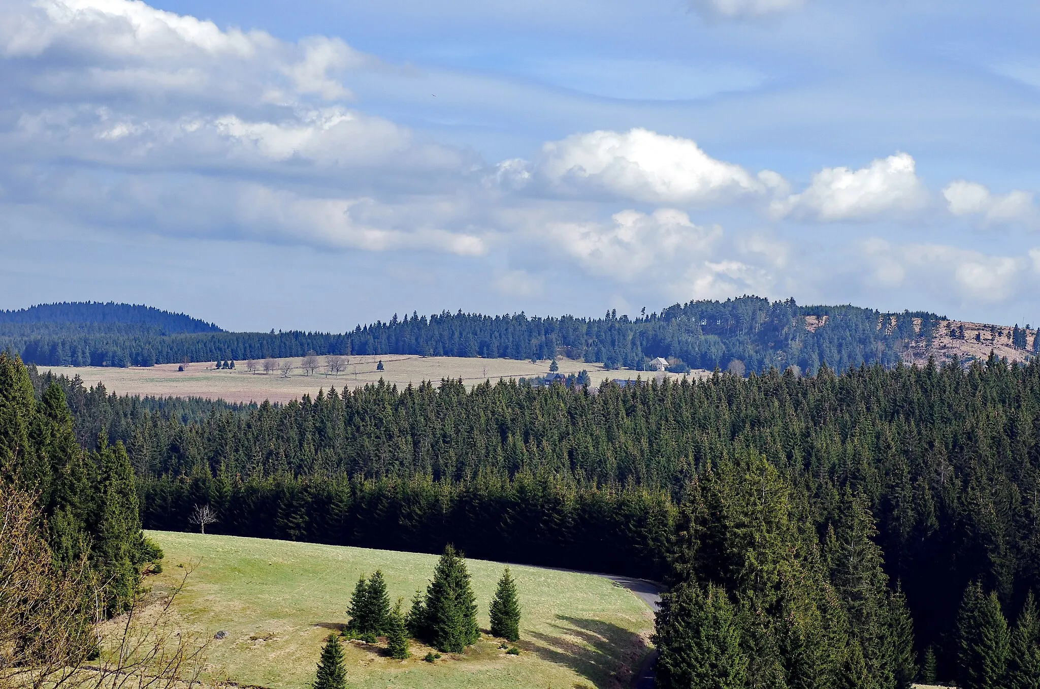 Photo showing: Vrch Tetřeví hora (1005 m) - vlevo a vrch Nad Ryžovnou (1054 m) - vpravo; pohled zdálky od zaniklé osady Háje, Krušné hory, okres Karlovy Vary