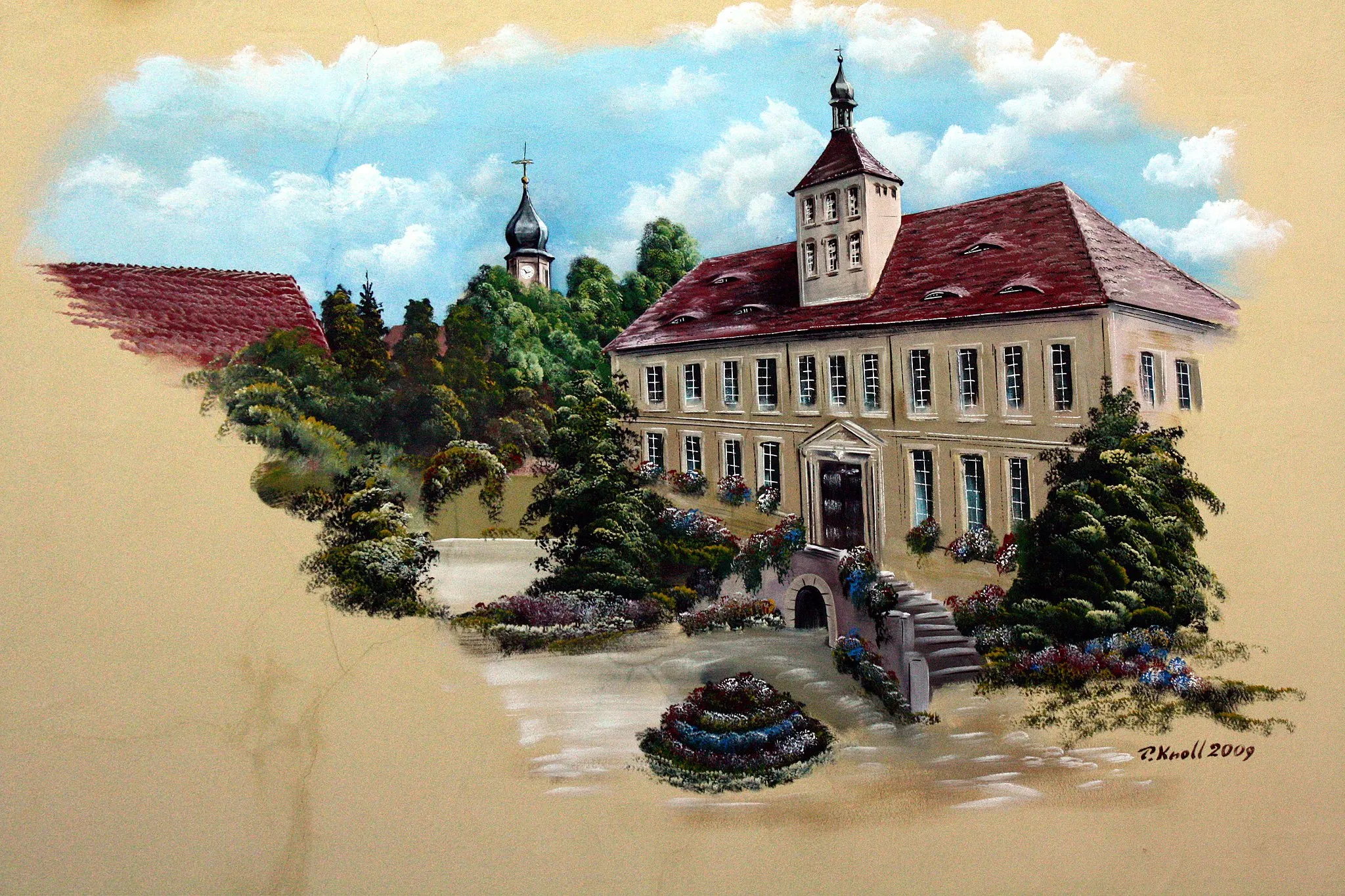 Photo showing: Picture of Pölzig castle near Gera/Thuringia, artist was P. Knoll in 2009