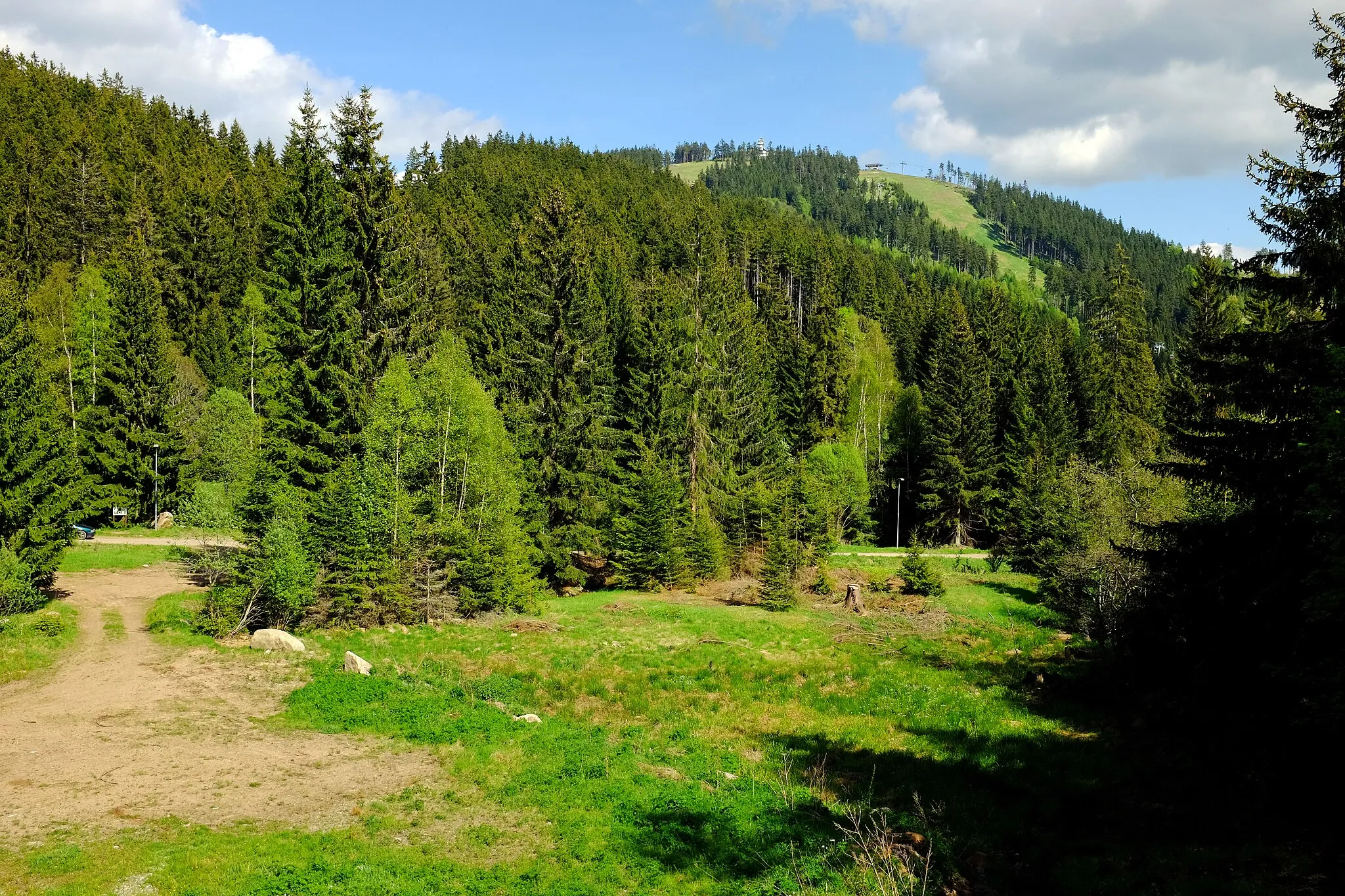 Photo showing: Plešivec (1028 m), Krušné hory, pohled z údolí Bystřice, okres Karlovy Vary