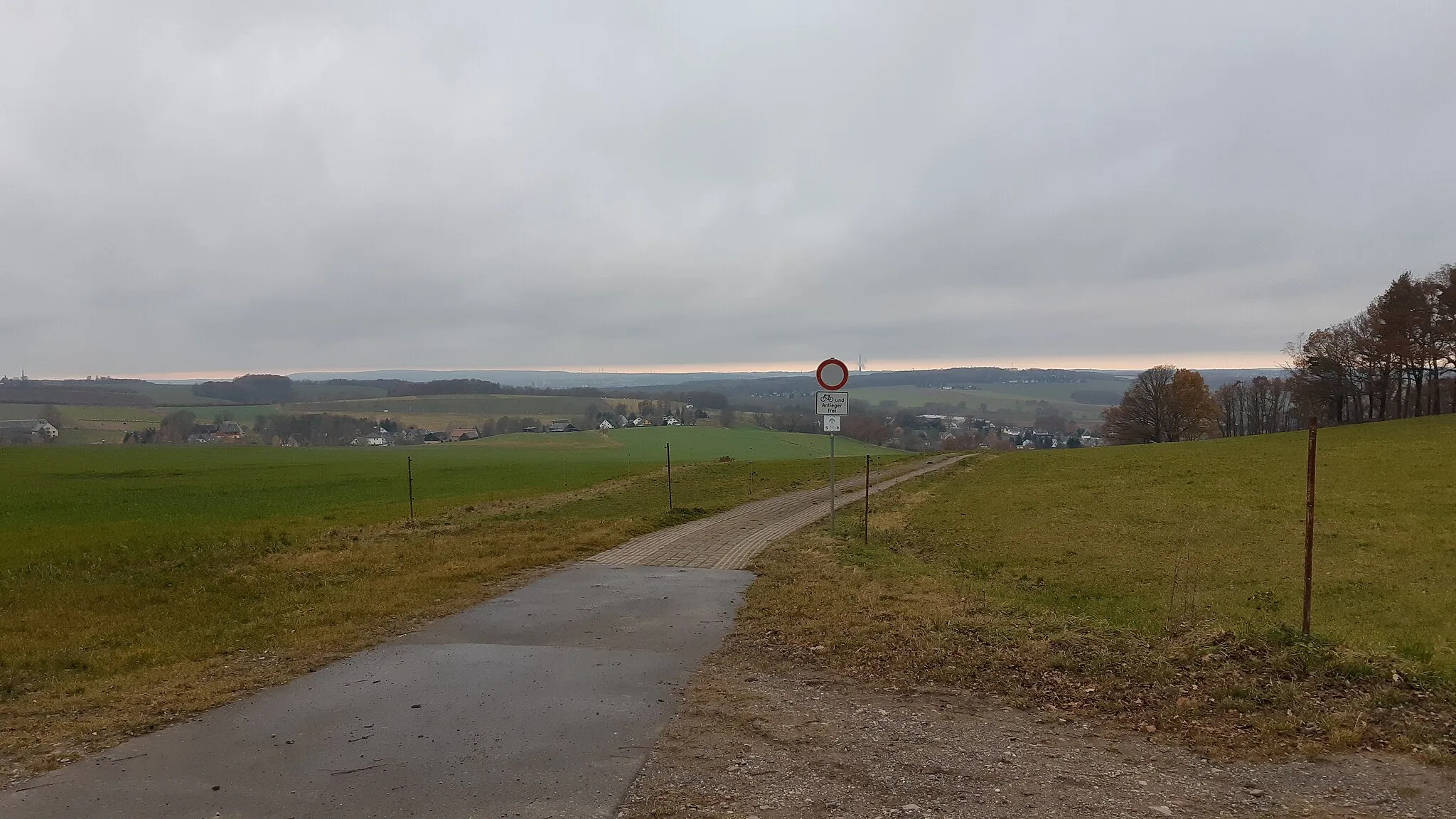 Photo showing: Blick von der Alten Bierstraße entlang des Drosselsteigs Richtung Chemnitz-Euba, am Horizont der Zeisigwald mit dem Beutenberg und dem Schornstein des Heizkraftwerks Chemnitz-Nord; Aufnahmestandort im äußersten Osten des Stadtgebiets Chemnitz